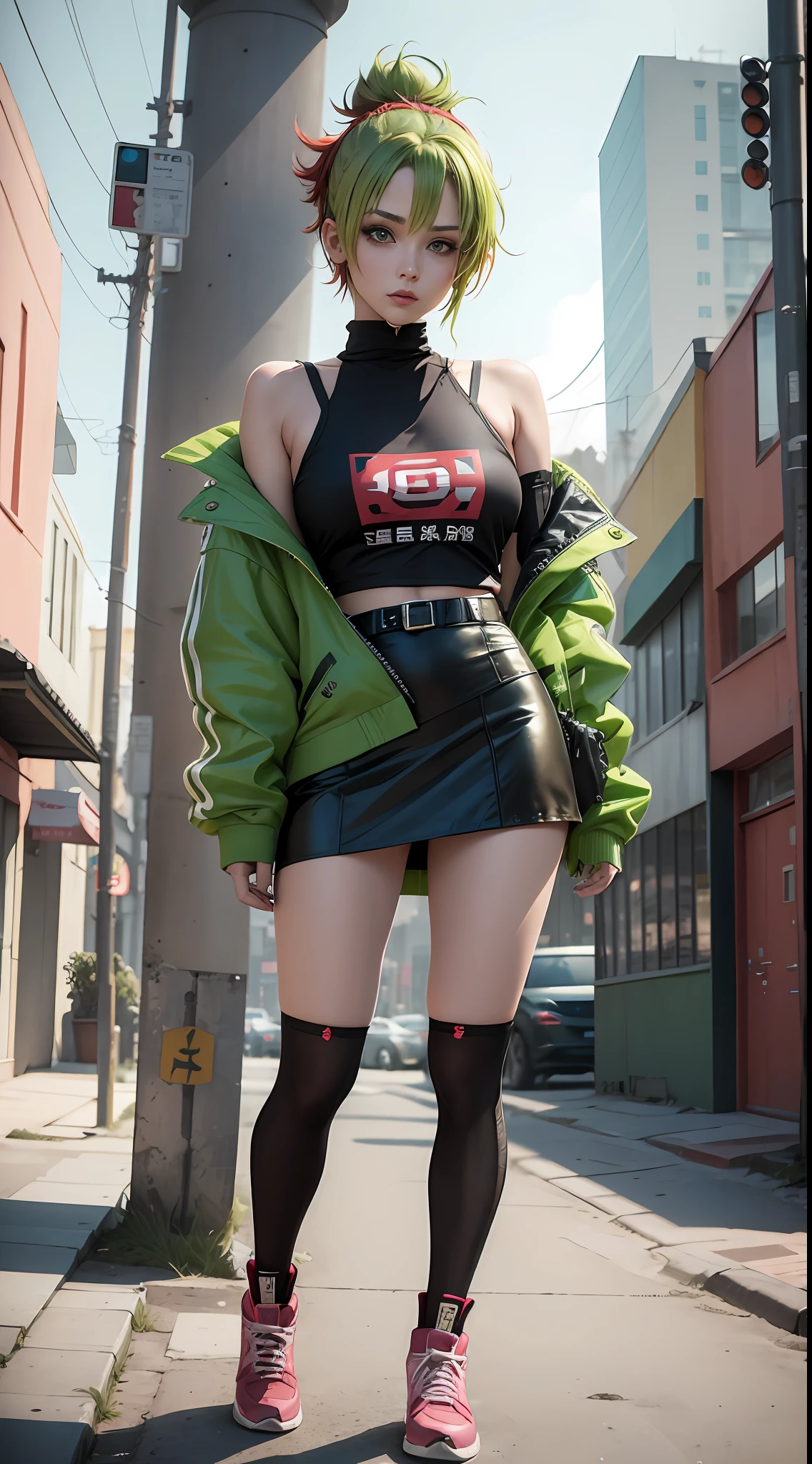 Woman Green hair, red pick dye, short hair, hair tied up,Cute but sassy,Wear laser-textured clothes, skirts and over-the-knee socks in cyberpunk anime style,Flat coating,There are 3 main body colors,plan, --auto