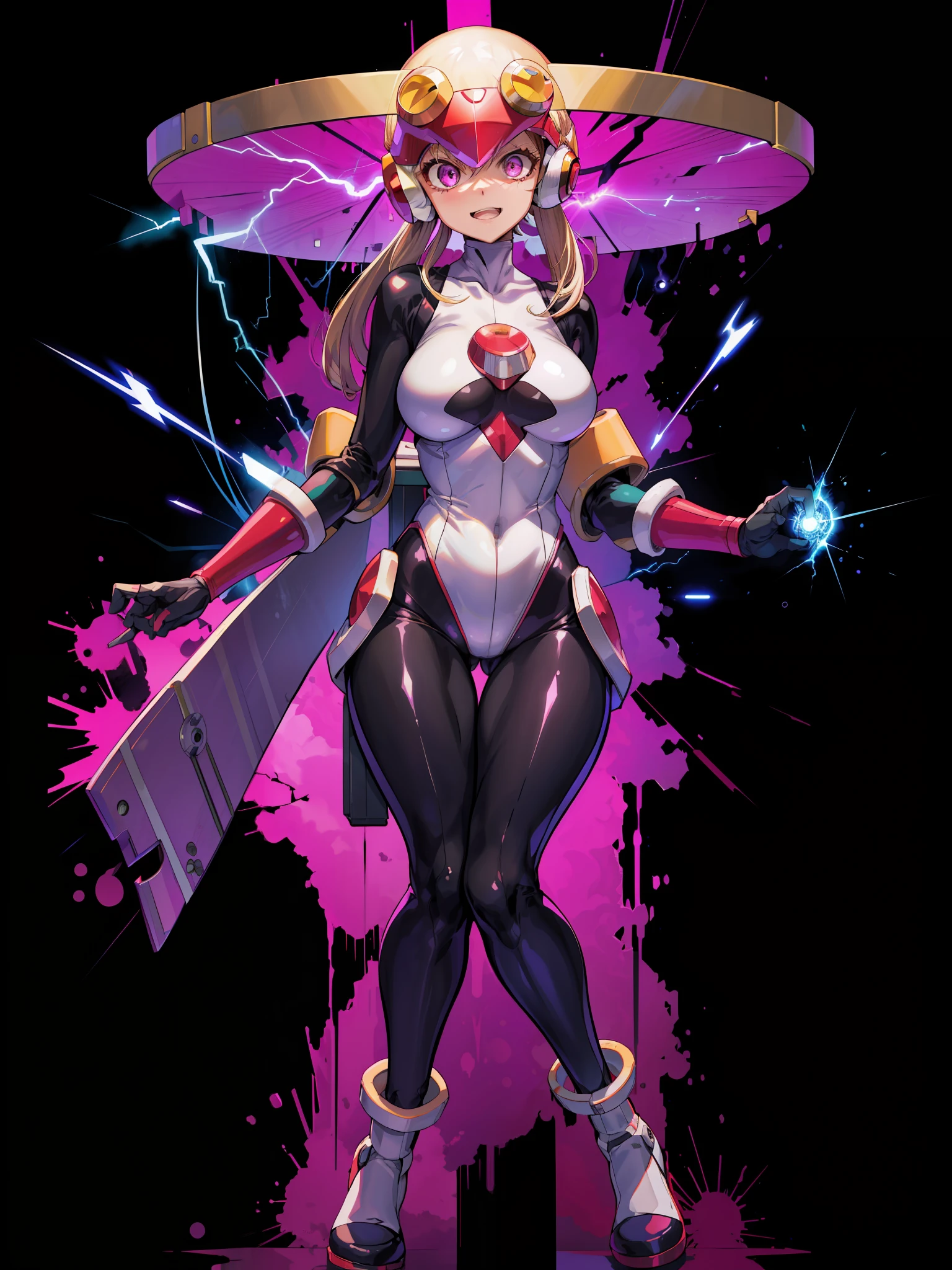 masutepiece,Best Quality,1girl in,roll_.exe_megamanbn,(helmets),Blonde hair,Long hair,Leotard,Pink eyes,Purple bodysuit,body suit,Eyes without light,moderate breast bulge,Thin laughter,Nails with sharp fingertips,Tied to a machine,glowing circuit background,Black lightning strike