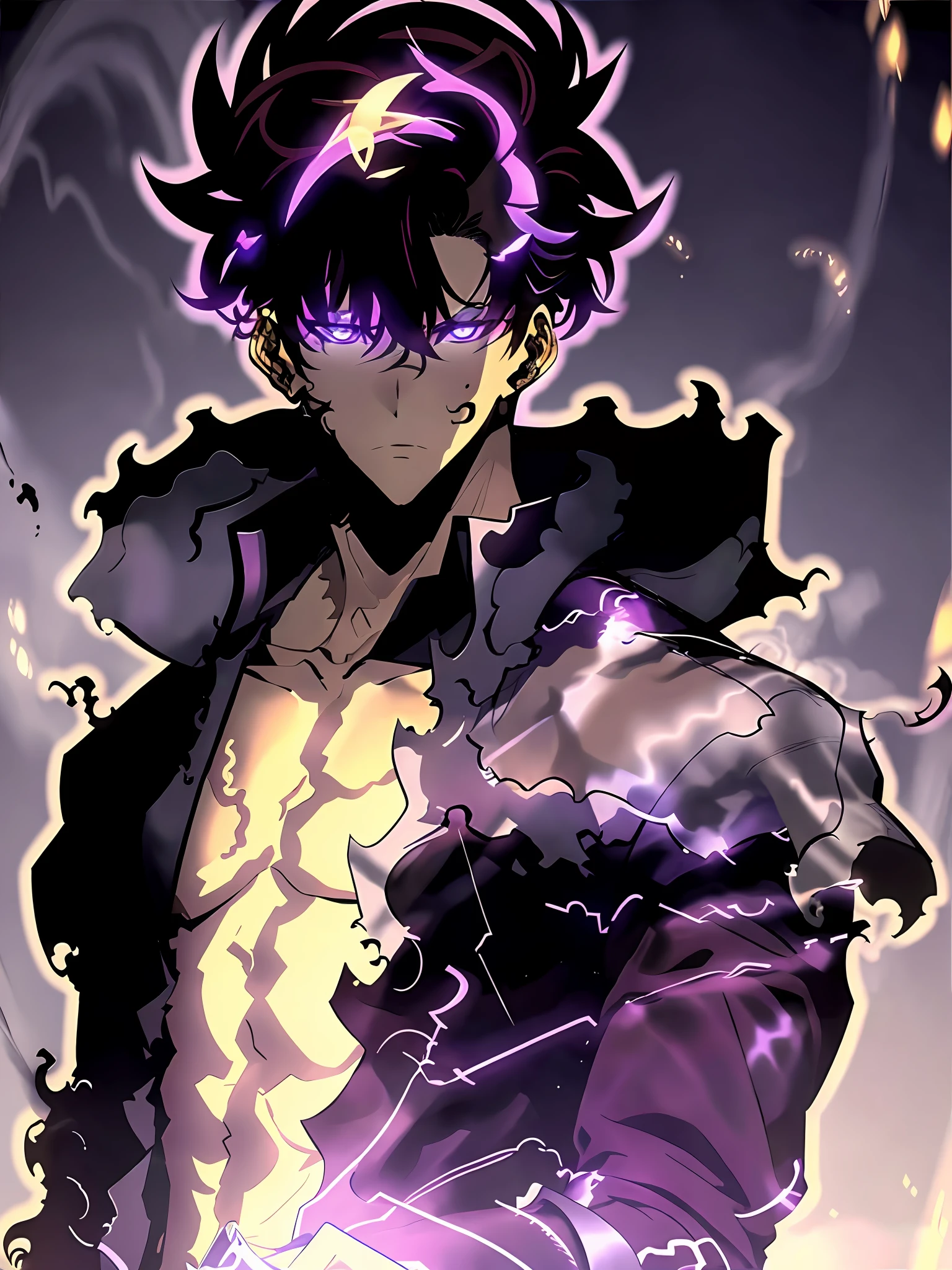 1homme,1boy,musculalr,cheveux noirs,yeux violets, Led, costume,solo, dagues