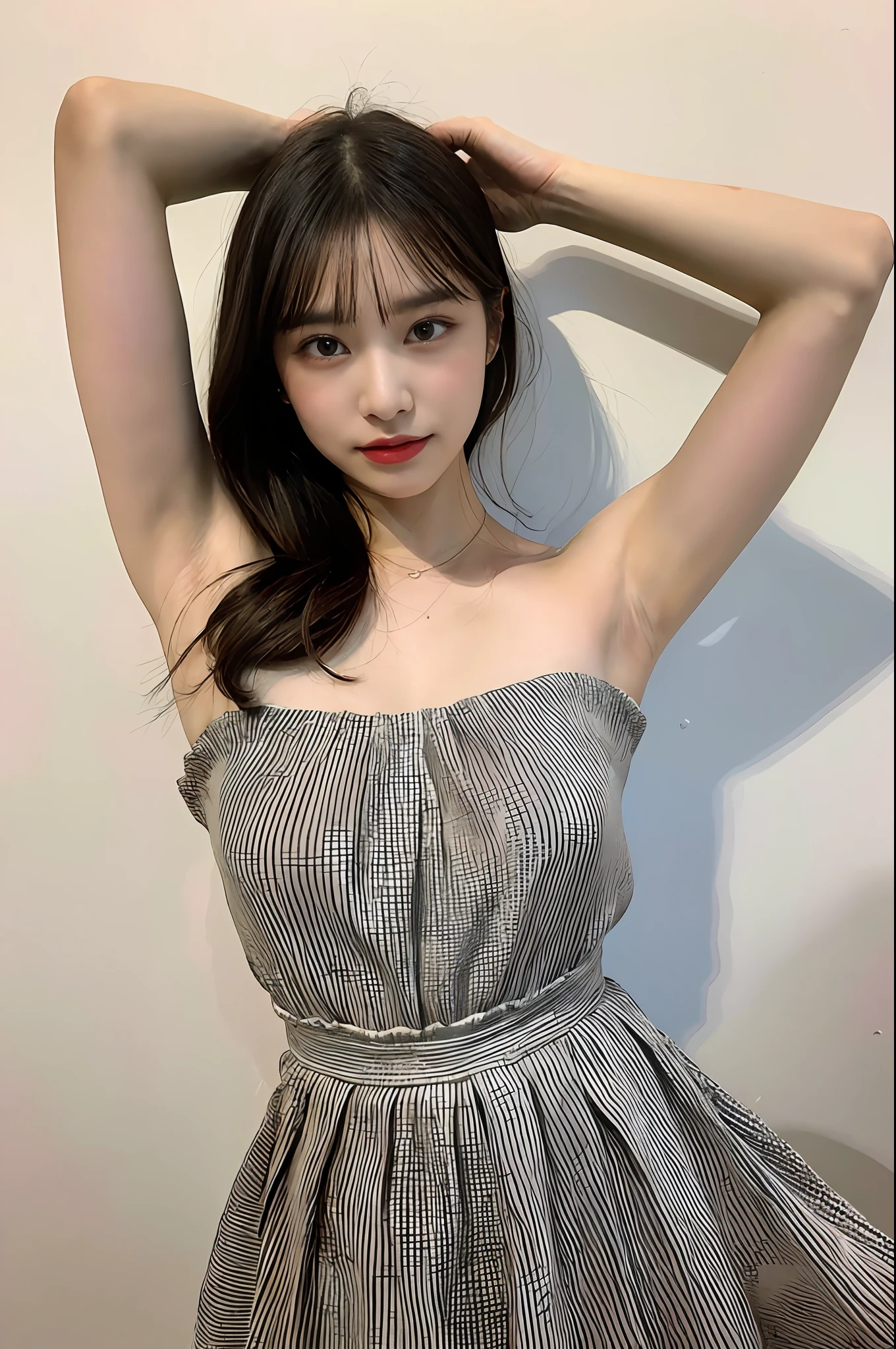 RAW images,16k,a color,Image of a,(Only for 1 girl),beauitful face,very vey very detailed face,Very detailed eyes,Very high quality neck,beautiful hairl,Very detailed hair,High quality hair,Very detailed skin,Very detailed skin,Very high quality legs,Very nice legs,(Very detailed armpits),Very high quality armpits,((armpit fetishes)),((The ultimate high-quality armpit:1.3)), recessed armpit,(((((recessed armpit)))),((Deep wrinkled armpits)))),((Pigmented armpits)))),{{{Pigmented armpits}}},((Deep wrinkled armpits)),Pigmented armpits,(Bandeau dress),cabelos preto e longos,adolable,Hands raised above your head