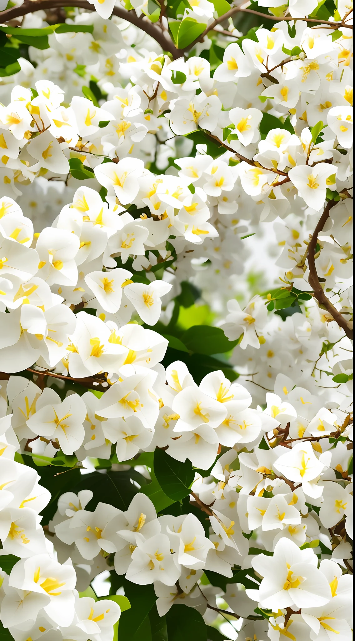 There is a white flower tree，White flowers in the background, White flowers, white blossoms, with soft bushes, flowers and foliage, detailed trees in bloom, Beautiful composition, blossoms, huge flower, flowers blooming, noon, Many flowers, bushi, vegetation and flowers, lush garden leaves and flowers, Flowers, jasmine, full bloom, bougainvillea