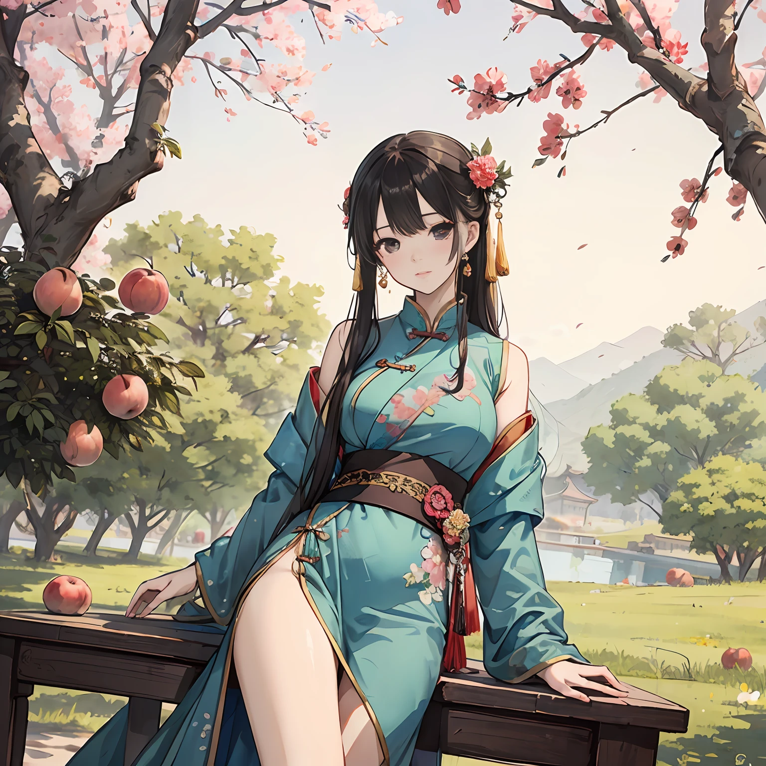 (masterpiece), (best quality), (1girl), solo, sexy, perfect body, hanfu,see-through, Chinese dress, under the peach tree, sunny day, Chinese ink painting, shuimobism, wuchangshuo, bonian, zhengbanqiao, badashanren