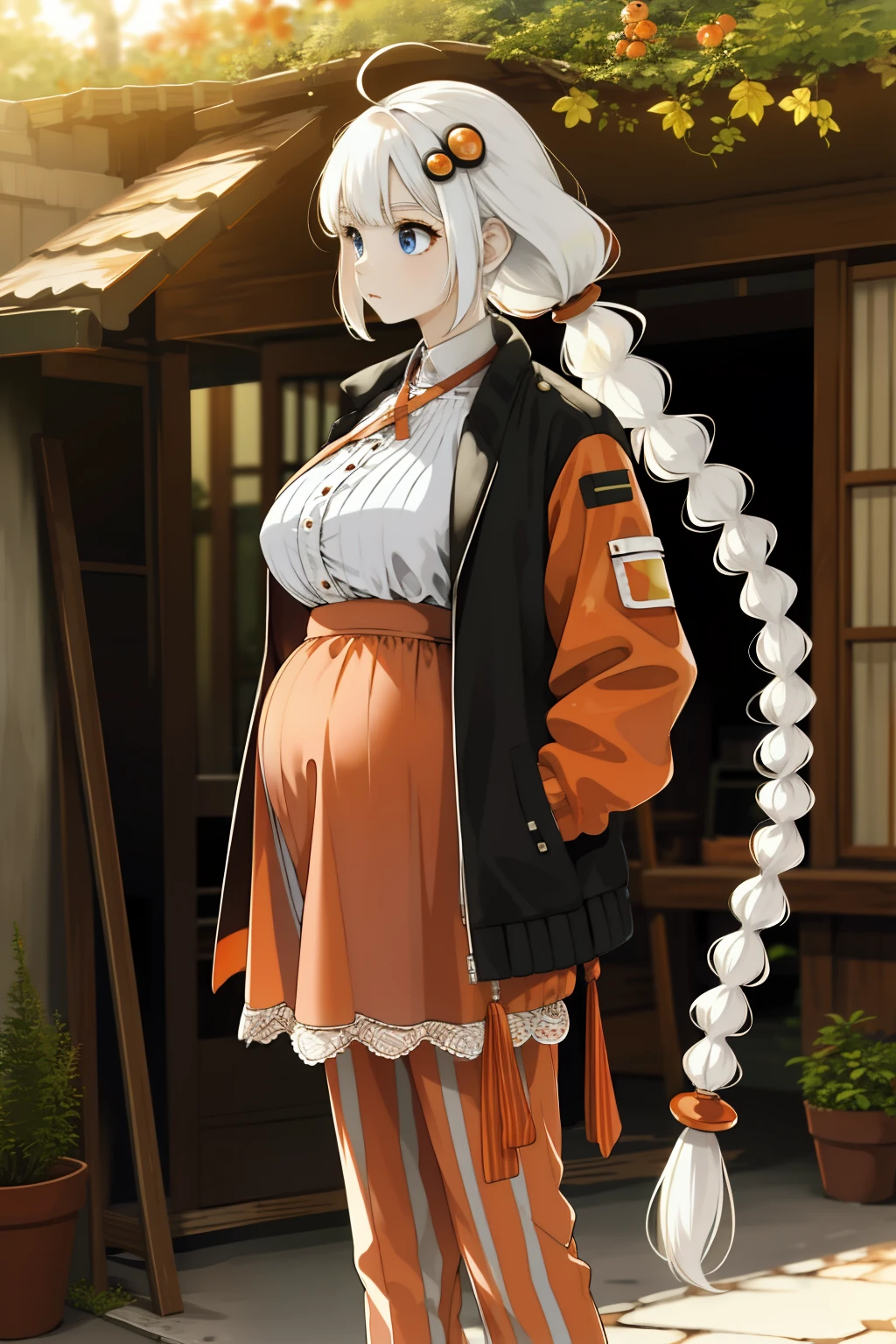 ((Masterpiece:1.2, Best quality)), kizkari orange hair ornament, White hair, Very long hair, braided ponytails, Double up braid, Blue eyes, outside, standing, puffer jacket, cherry red shirt, checkered pants， Pregnant belly, maternity attire for pregnant women，maternity dress，pregnant belly，Pregnant belly