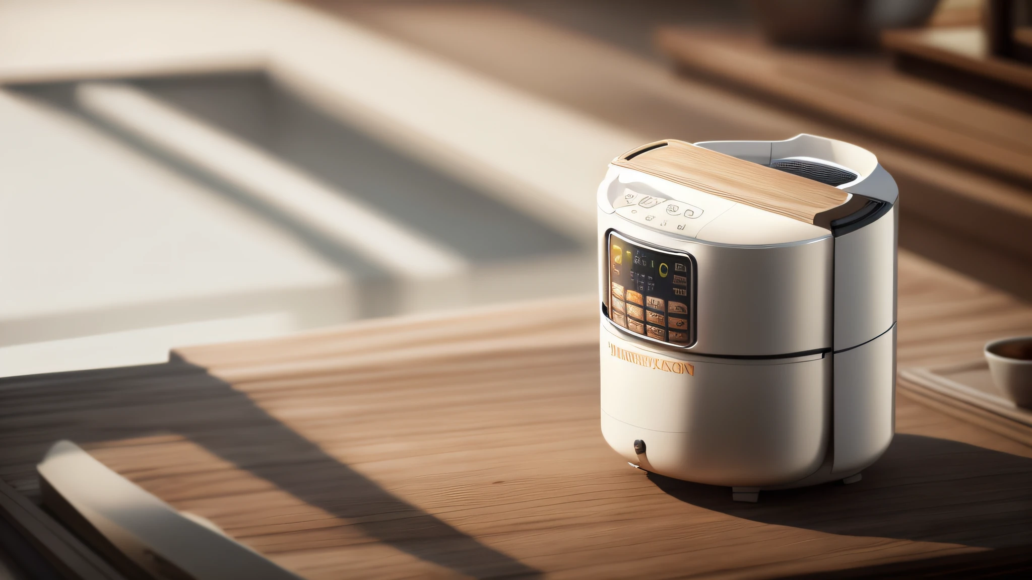 Air fryer placed on the table，Interior design of modern style, Realistic, Photorealistic, 8K, strong light on meeting table，Chiaroscuro, hyper HD, Best picture quality ,realisticlying，Foto realism，cupboard，Lens perspective blur，Bright lights，Realistic lighting