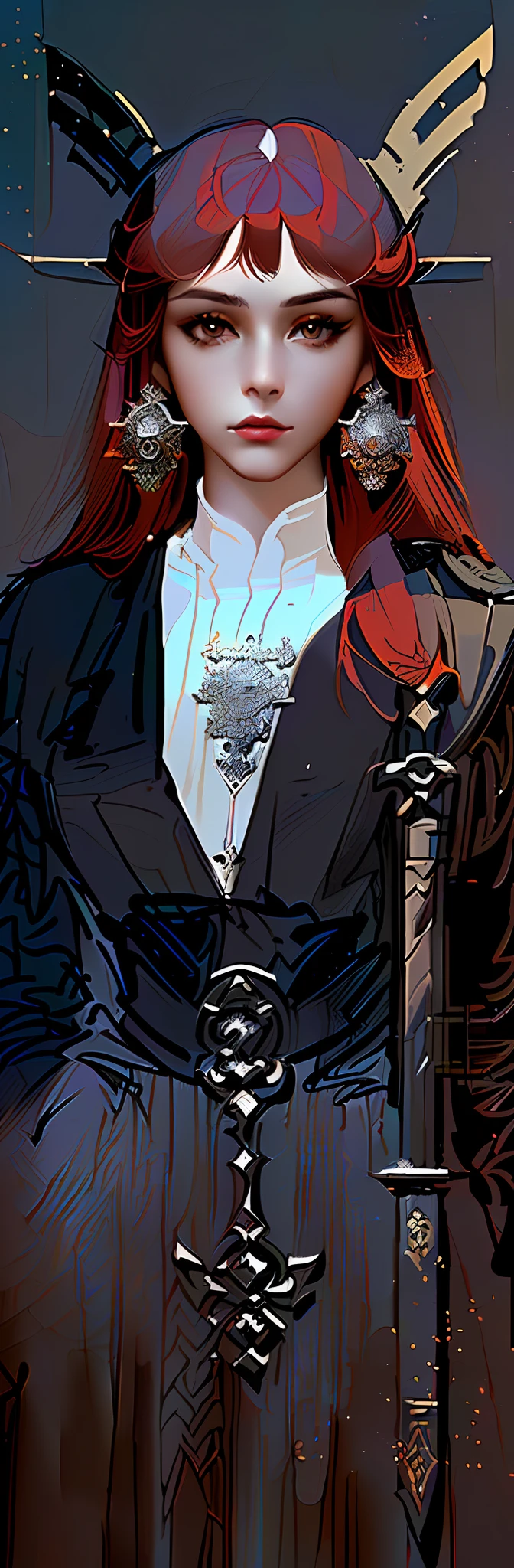There was a woman with a sword and a hat, Charlie Bowater style, immaculate detail, character art closeup, holding a sword on her shoulder, ornate korean polearm behind her, female redhead templar, highly detailed exquisite fanart, NeoArtcore和Charlie Bowater(charlie bowater), Incredibly clear details, very detailed and rich clothing, closeup detailed