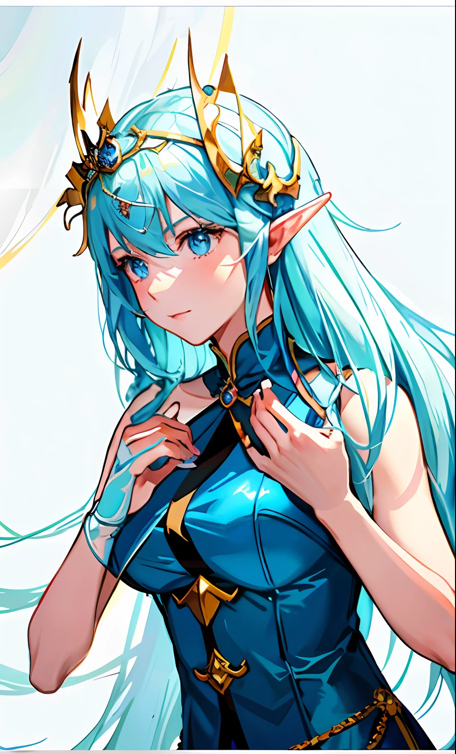 Close-up of a woman with long blue hair in a white dress, Portrait Chevaliers du Zodiaque Fille, alluring elf princess knight, Blue Elf, Elf Girl, Detailed digital anime art, Elf Princess, knights of zodiac girl, An elf queen, fairy queen, elf princess knight, Pisif style, Extremely detailed Artgerm, Pisif daily ranking, Pisif