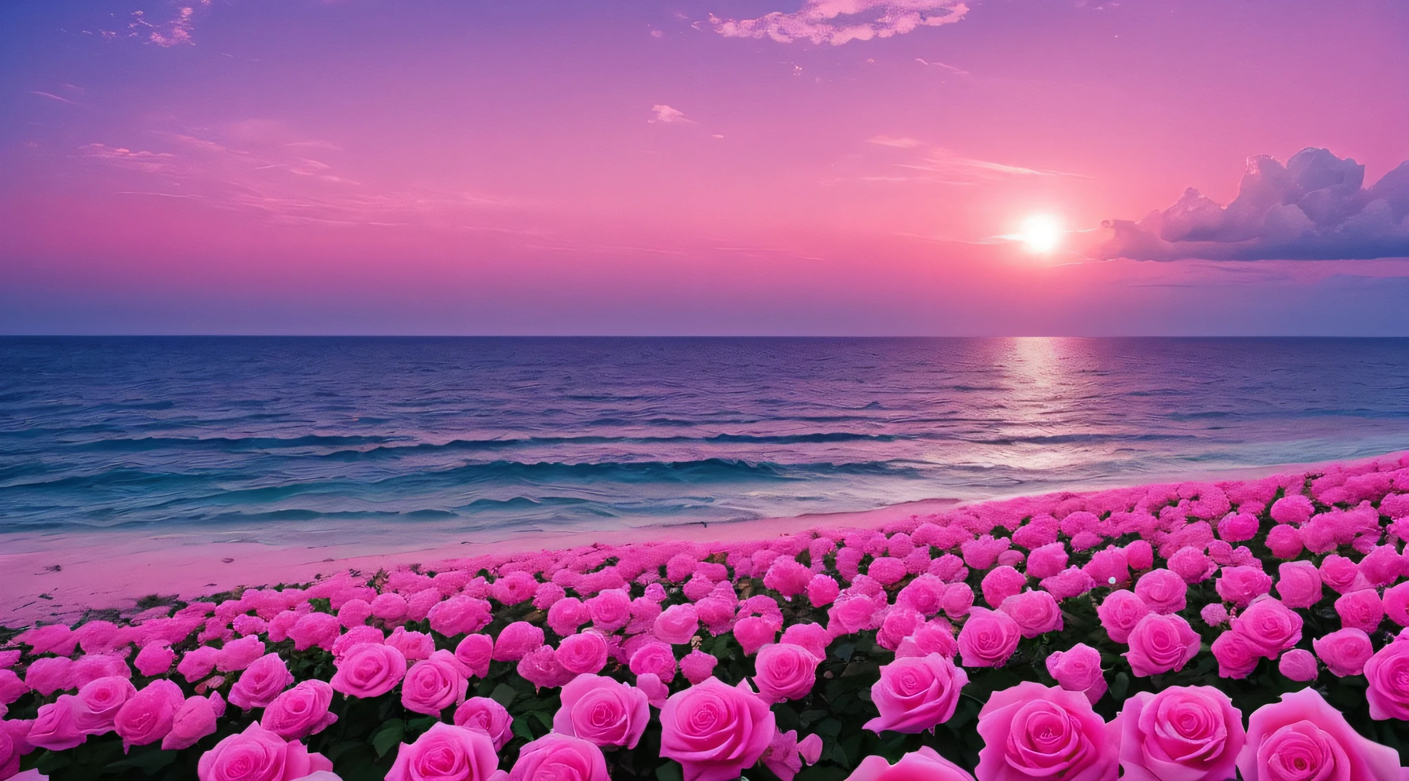 Pink moon, pink sky, soft pink clouds, pink ocean waves sparkling, sparkling, pink roses on pink ocean, fantasy, diamond, crown, universe, soft lights,