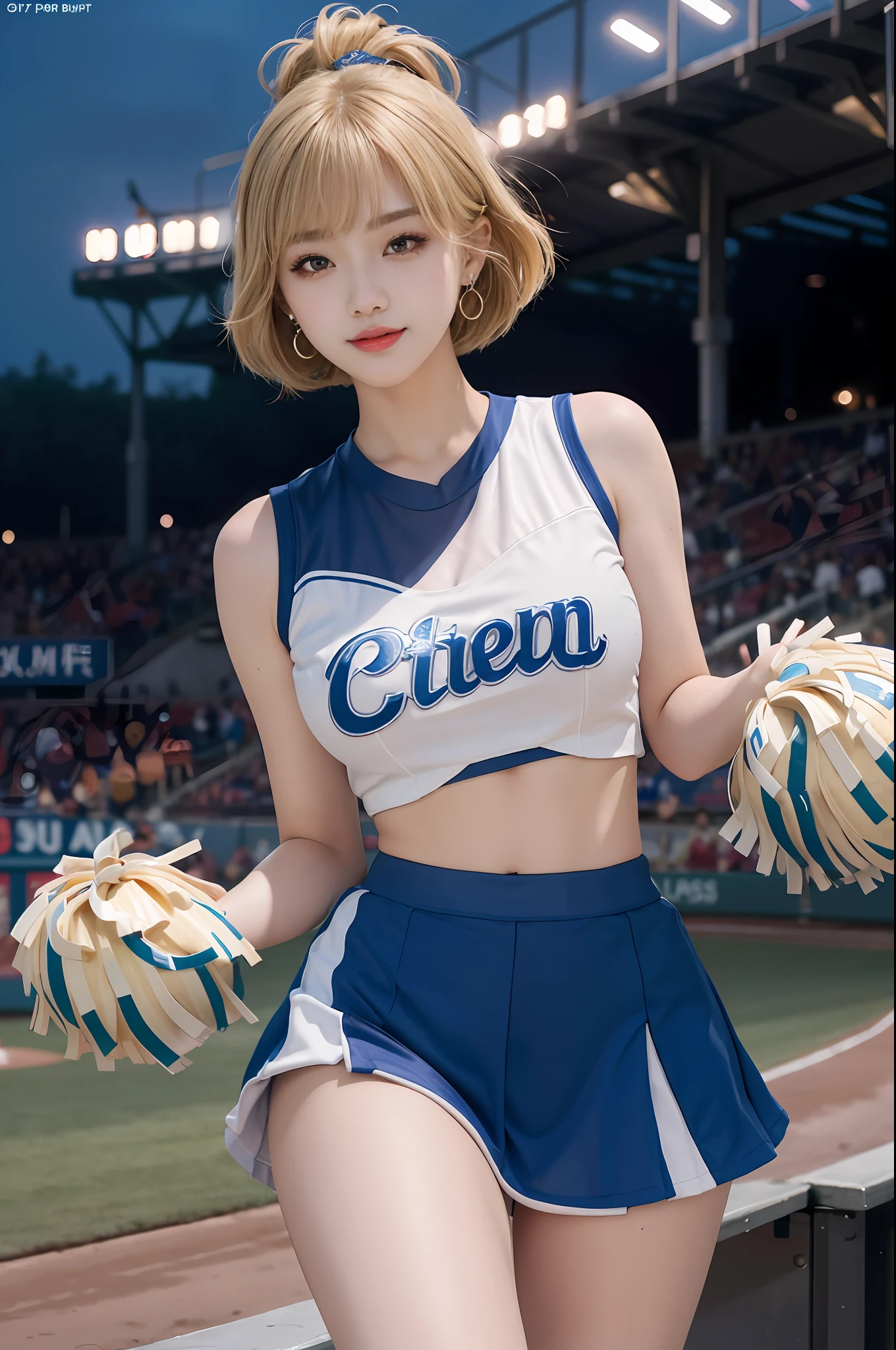 17 year old cool Korean, big round breasts, cheerleader, baseball team cheerleader, beautiful eyes in detail, eyelashes, beautiful double eyelids, eyeshadow, slit eyes, perfect eye makeup, seductive smile, beautiful thin legs, bright blonde hair, bob cut, earrings, night baseball stadium stand, night