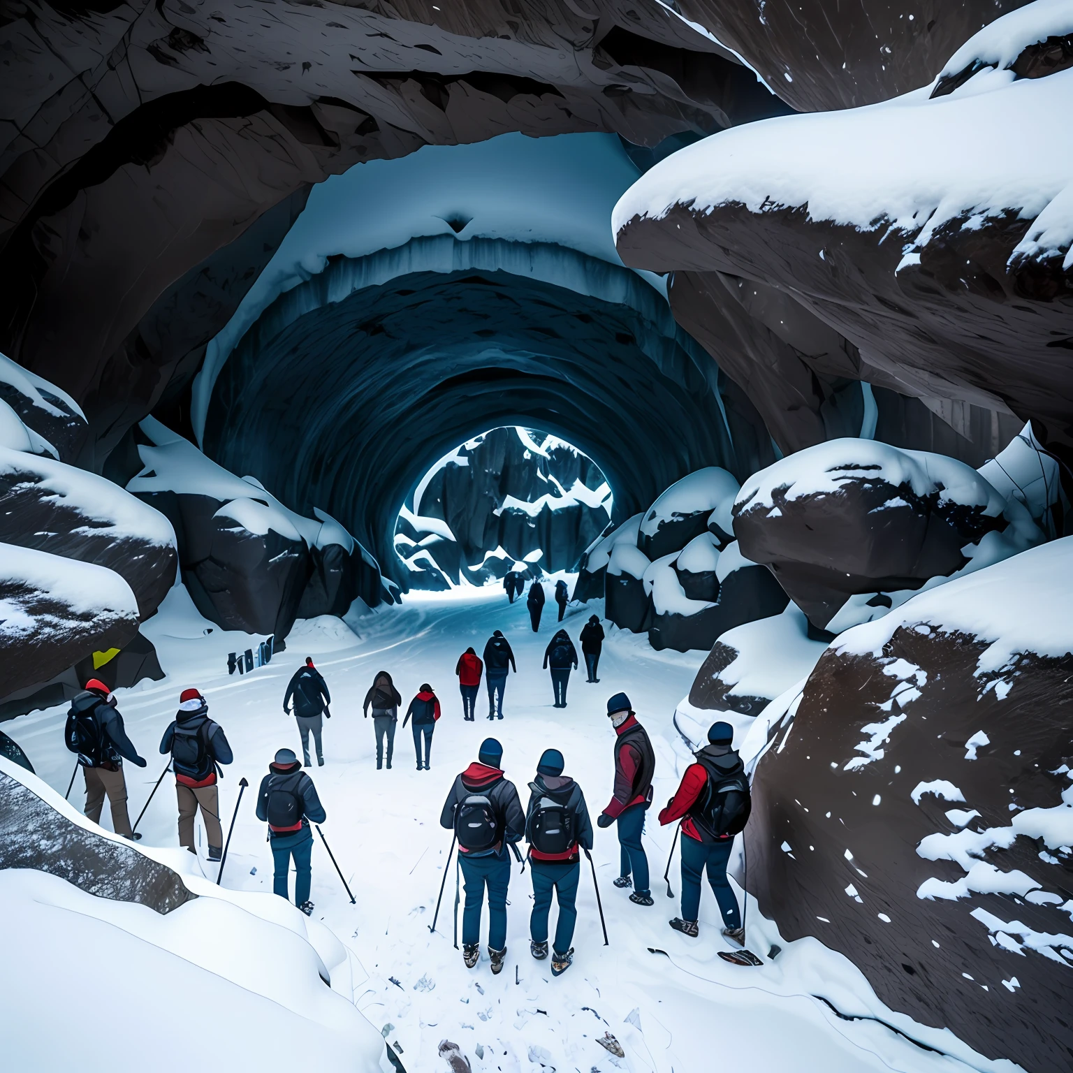 Grupo de exploradores perdidos dentro cavernas feitas de gelo e neve, no meio de um ambiente gelado, dark ambient, cinematography, hiper realista, assustador