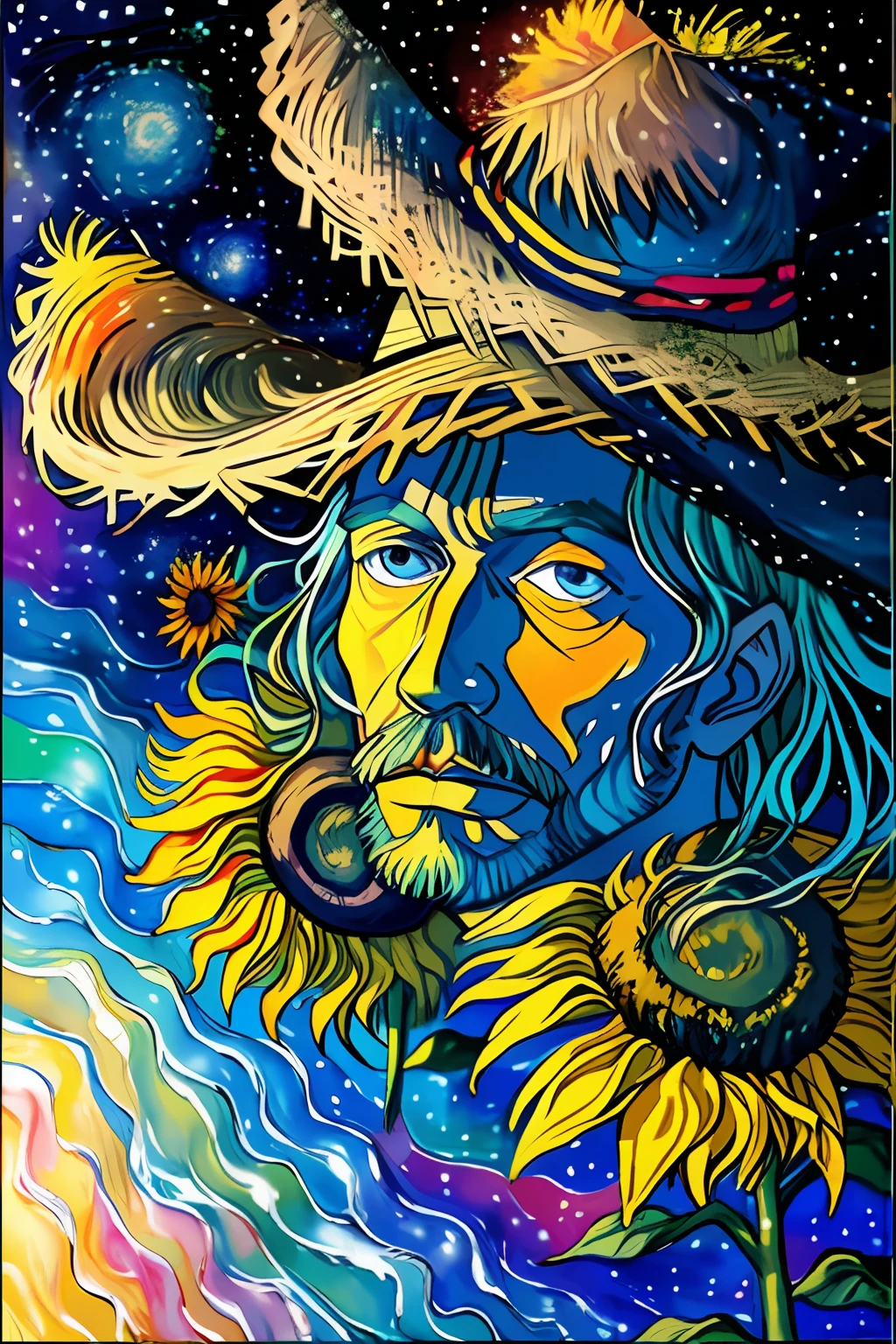 oil-painting, Directed by: Van Gogh, Colouring, abstrato, fundo abstrato, obra-prima, melhor qualidade, papel de parede ultra detalhado, Um homem velho, wearing a straw hat, milharal, tree, estrela, surreal dreamscape, Sunflowers, noite, 4k