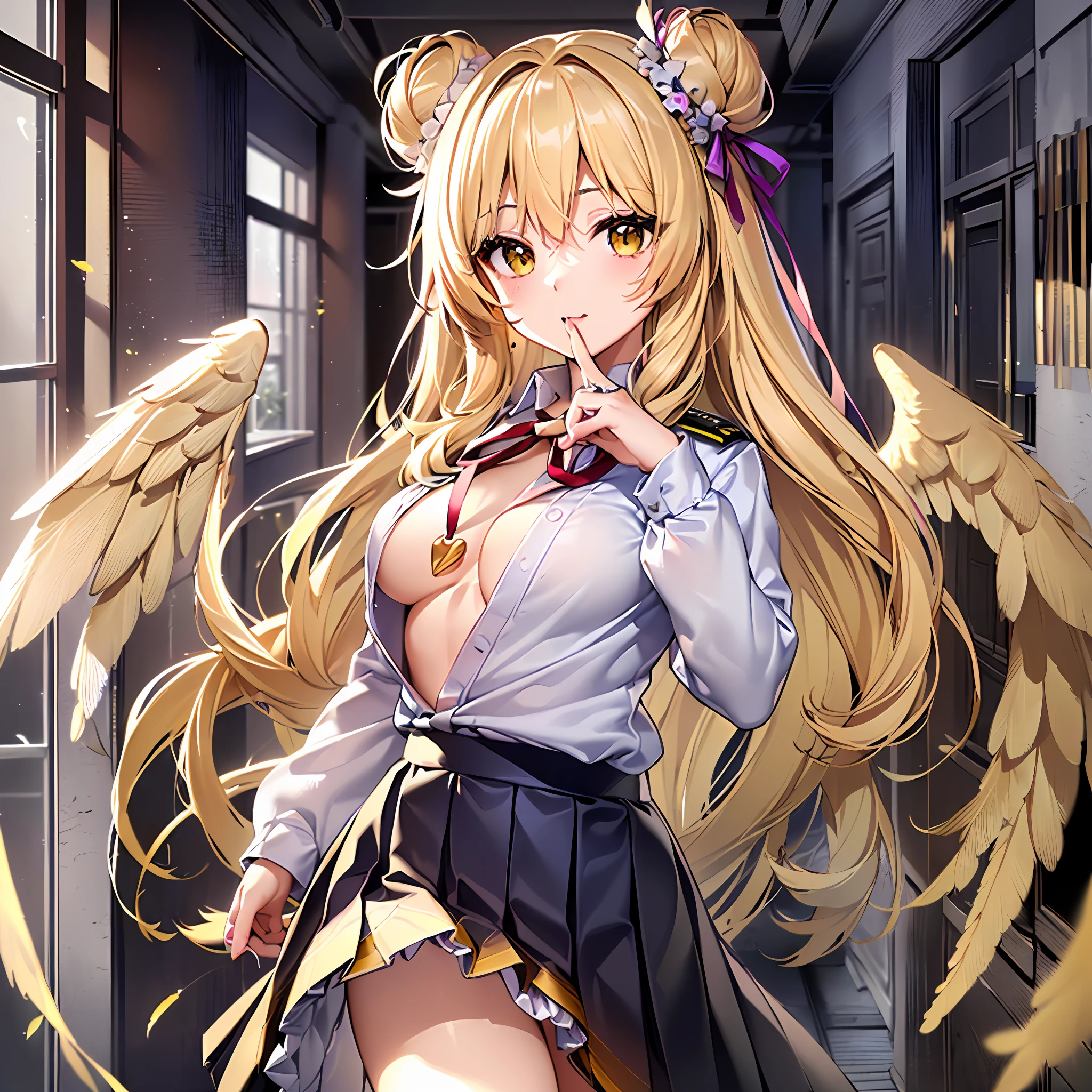 (masutepiece) ((Kaleidoscope)) ((Harmonious)) (ultra-quality) (very exquisite) (Professional Balance) (absurderes) (Wide Shot) (1人の女性) ((Upper body)) ((fullllbody)) ((G Cup Breasts)) (Fine-grained body lines) ((realisitic:0.75)) (zettai ryouiki) (Hi-Res Textures) (Clearly draw the shape of the nose) ((Exposure 1:0.25)) (((Shiny skin))) (X Hair Ornament) (Ornament Heart(Bracelet、gargantilha、ear ornament) (((((Beautiful little bun hair in yellow color))))) (Wave hair) (faithfully、Depiction of correct finger alignment) (faithfully、Depiction of the correct hand) (It clearly depicts the reflection of small white light in the pupil, which adds depth to the pupil) (((top-quality、Elegant yellow detail eyes))) (((Ultra Definition Masterpiece Highest Quality:1.2 4DCG high quality))) (Highly detailed face and eyes) (24-year-old woman) (Model body type) (Slender and long legs) (A slender) (mascara) (eyeshadows) (eye liner) (Glossy lipstick) (lip stick) (((((Rainbow × Angel Ribbon× Micro Micro Bikini × Ruffles))))) (((((Boob Pudding G Cup))))) (Photorealsitic) (8K Character Concept) (((32K HD image quality...)) (conputer graphics) (angelicales、pastels、Feather 1:1.5) (((((Uniform Skirt Mini))))) (Freedom of movement、evolve) (((Add charms to the background))) ((((angelicales)))) ((((Angel's Big Wings 1:1))) ((((Background school hallway)