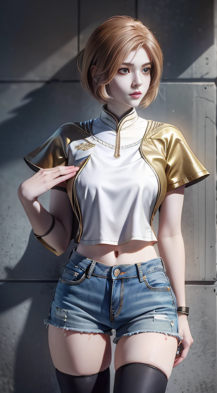 A high resolution，tmasterpiece，Denim shorts pants，Short hair on sporty tops，brown  hair，独奏，1girll，External，detailedbackground，Detailed eyes，（（with brown eye））athletic sneakers