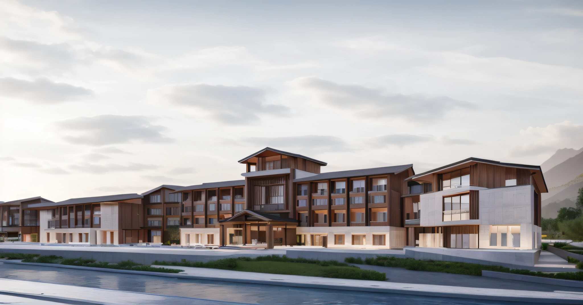 Lijiang,5 stars hotel,(tmasterpiece,Bright,ssee-through,Four floors,Lots of open balconies,Lots of terraces,Several walls),A fusion of modern and vernacular architecture,The roof has curves and warping angles,realistic cgi render,archviz,Lots of plants around,clear blue skies