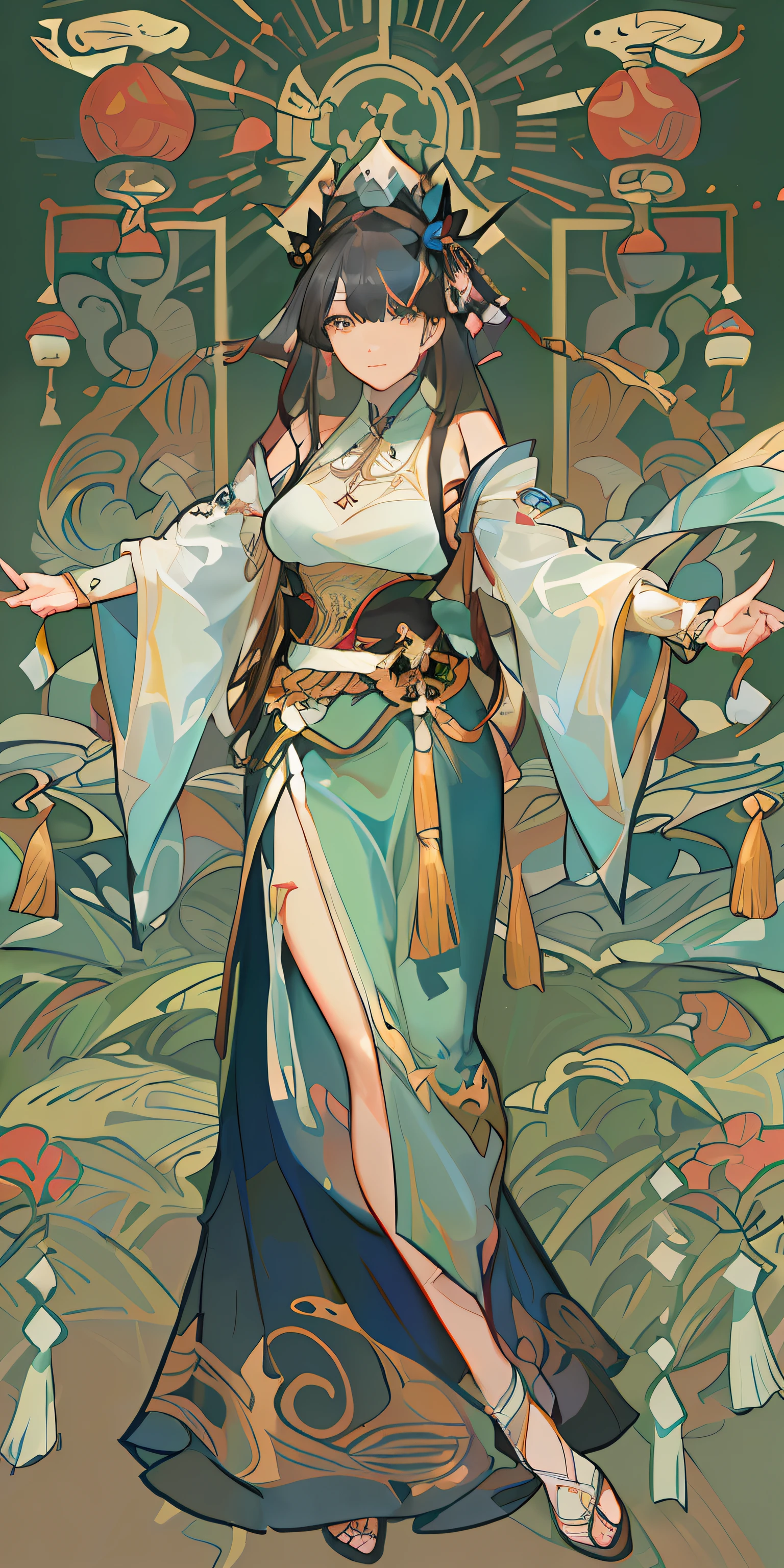 a close up of a woman in a dress with a fan, Alphonse mucha and rossdraws, Kushatt Krenz Key Art Women, Onmyoji detailed art, krenz cushart and artgerm, mohrbacher, In the artistic style of Morebach, rossdraws sakimimichan, full portrait of elementalist