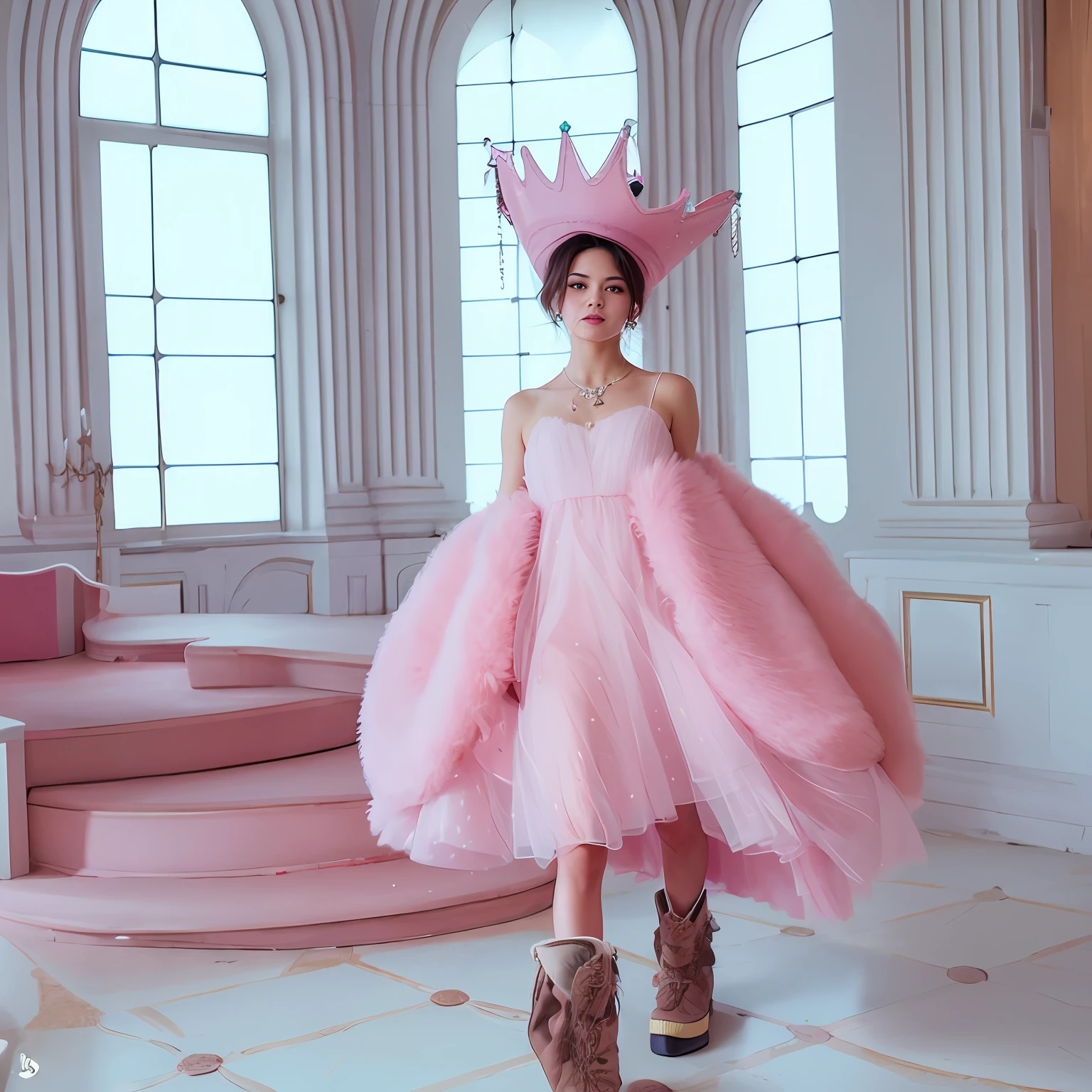 A modern gen z queen, a fluffy pink modern dress, pink modern crown, in a castle, full body, cowboy boots, gen z style.