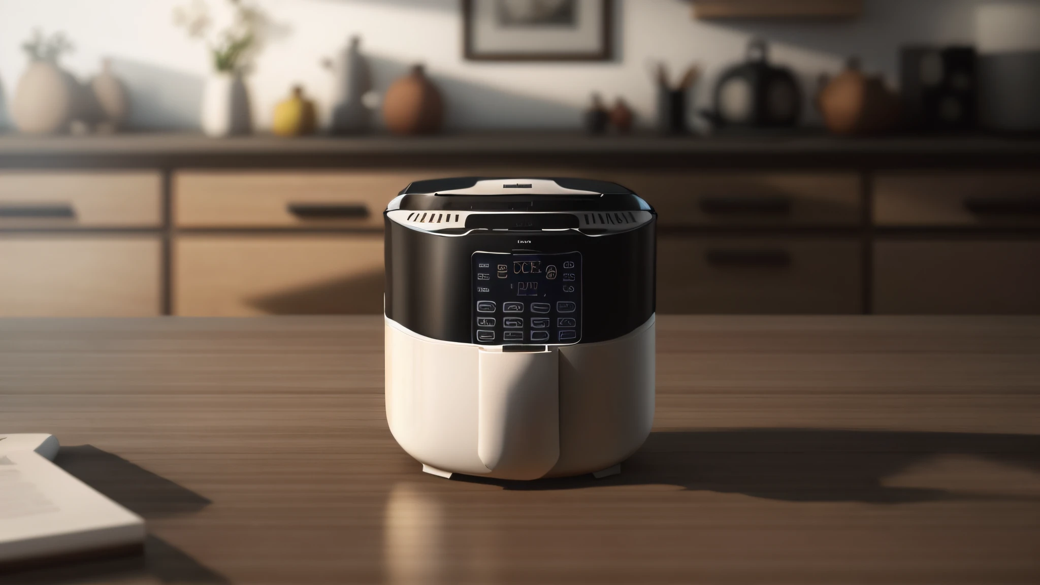 Air fryer placed on the table,Interior design of modern style, Realistic, Photorealistic, 8K, strong light on meeting table,Chiaroscuro, hyper HD, Best picture quality ,realisticlying,Foto realism,cupboard,Lens perspective blur,Bright lights,Realistic lighting
