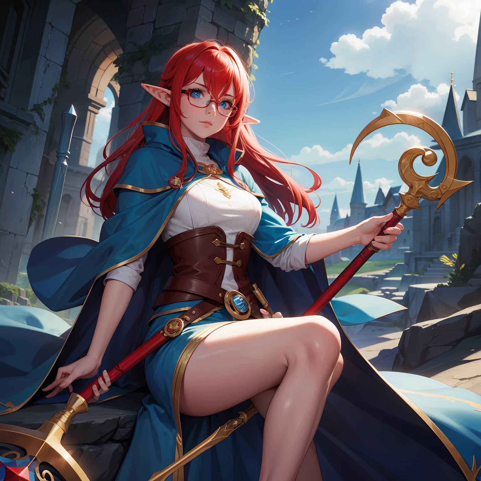 elf woman, red hair, blue eyes, glasses, wizard's staff, wizard's robes