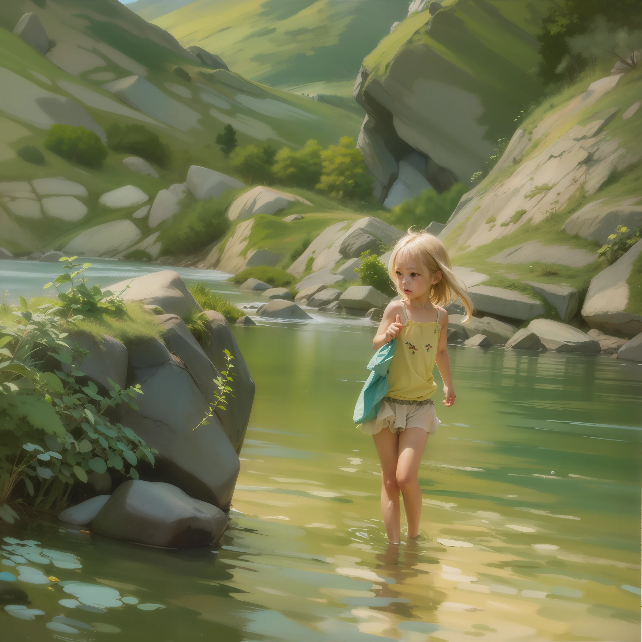 very cute female ,8 yo,and see-through camisole,Playing by the river,Barefoot,Sweat, Summer,day, Long hair,flat chest,BREAK masterpiece, Best Quality,Ultra-detailed,Wind,