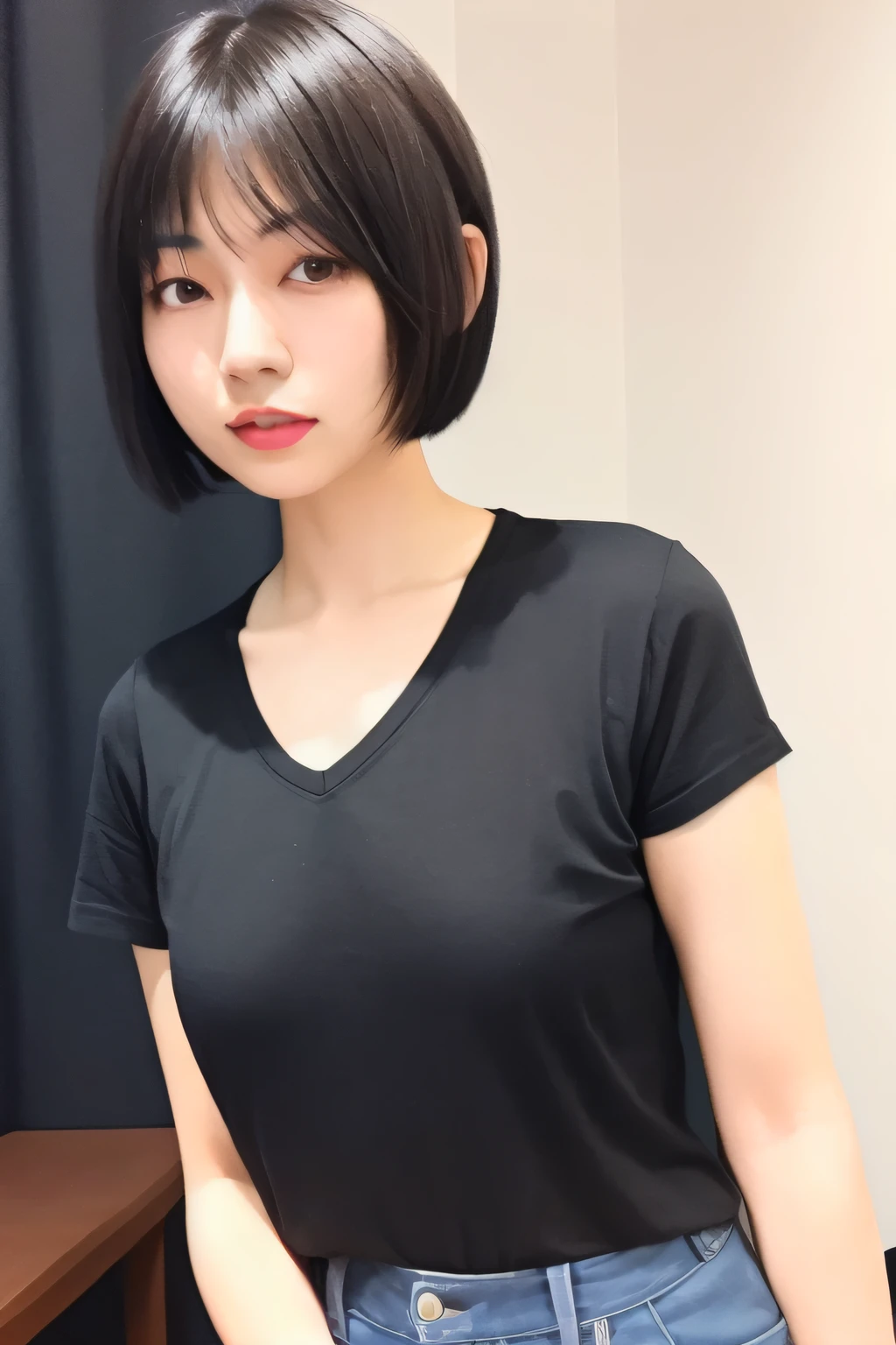 Alafed asian woman with short black hair and black shirt, With short hair, Short hair, bob cuts, 奈良美智, black hime-cut hair, chiho, with a bob cut, Short haircut, French Bob, Short haircut, hime-cut, Black short hair, Korean Girl, short - medium length hair