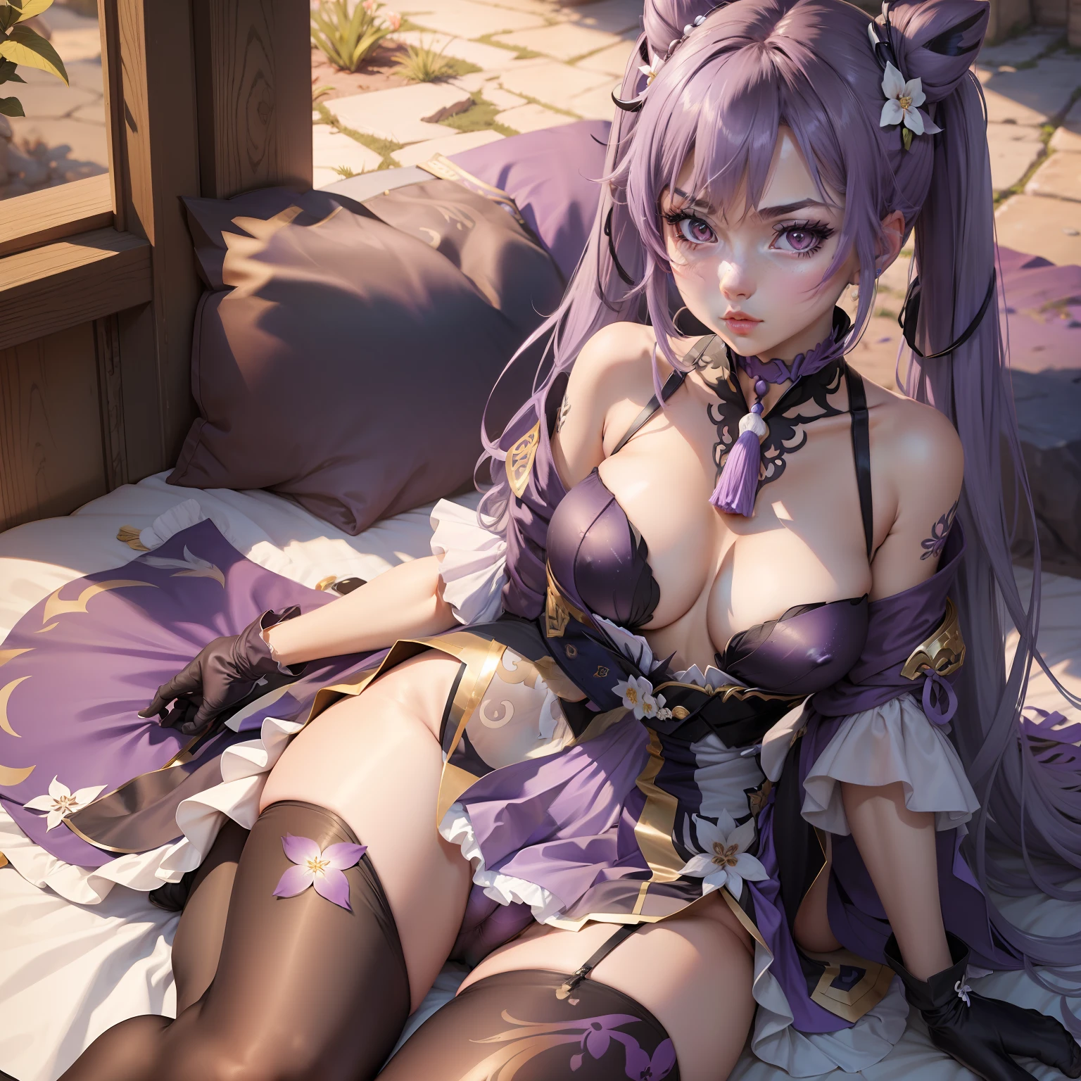 - 1girl, black pantyhose, blush, breasts, cameltoe, choker, cone hair bun, covered nipples, crotch, detached sleeves, double bun, dress, feet, flower, flower request, frilled gloves, frills, geko, genshin impact, gloves, groin, hair bun, hair ears, hair ornament, keqing (genshin impact), large breasts, long hair, looking at viewer, neck tassel, no shoes, panties, panties under pantyhose, pantyhose, parted lips, purple choker, purple dress, purple eyes, purple flower, purple gloves, purple hair, sitting, solo, spread legs, thighs, twintails, underwear">