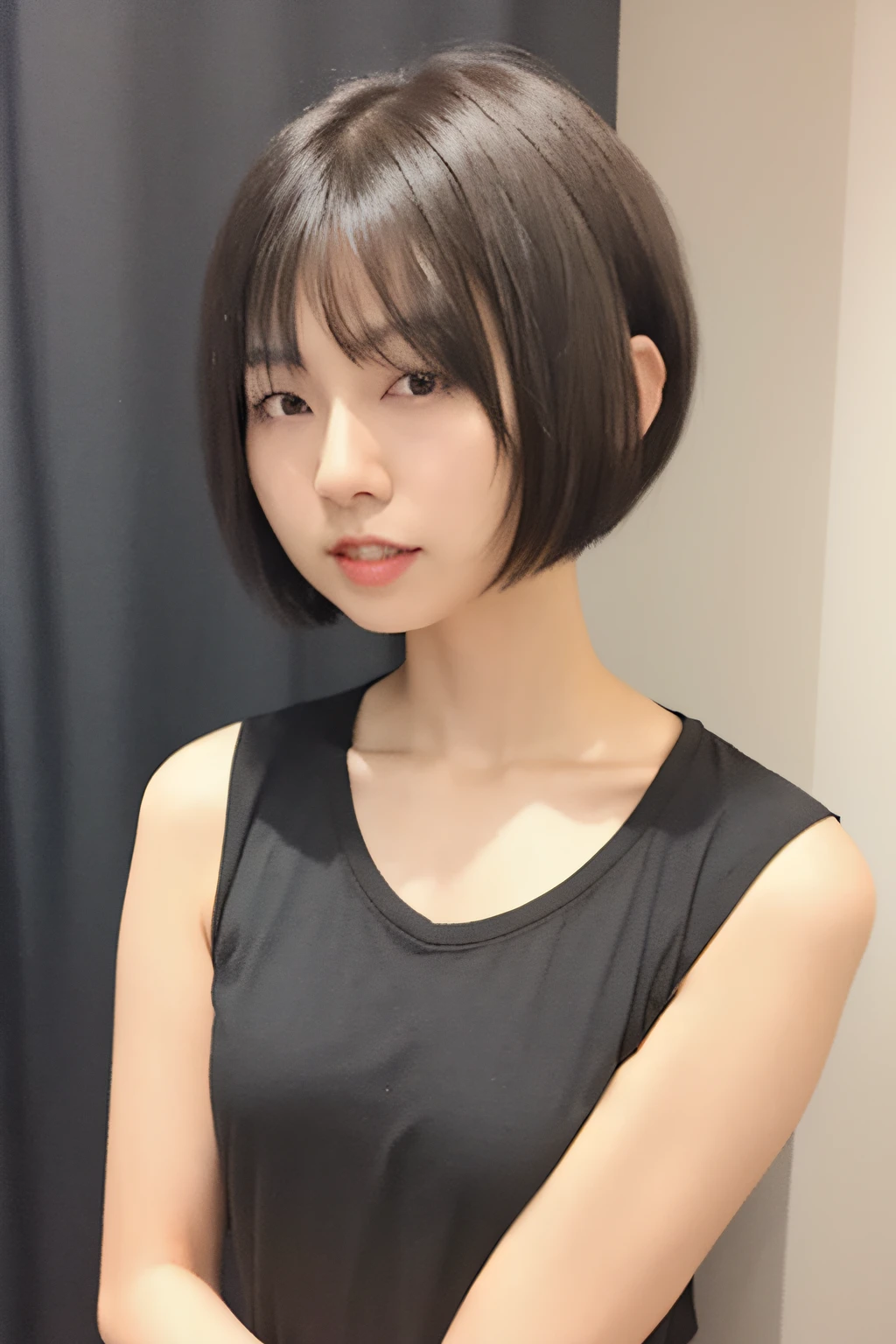 Alafed asian woman with short black hair and black shirt, With short hair, Short hair, bob cuts, 奈良美智, black hime-cut hair, chiho, with a bob cut, Short haircut, French Bob, Short haircut, hime-cut, Black short hair, Korean Girl, short - medium length hair