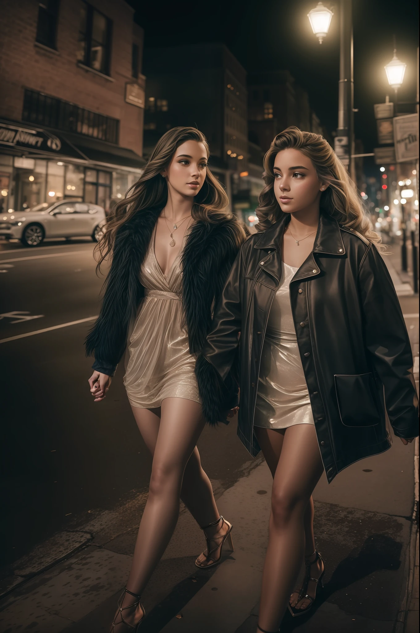 A medium shot of a beautiful young woman and her sister even more impressive. The two are together holding hands strolling down a New York street on a Saturday night on their way to party areas.............