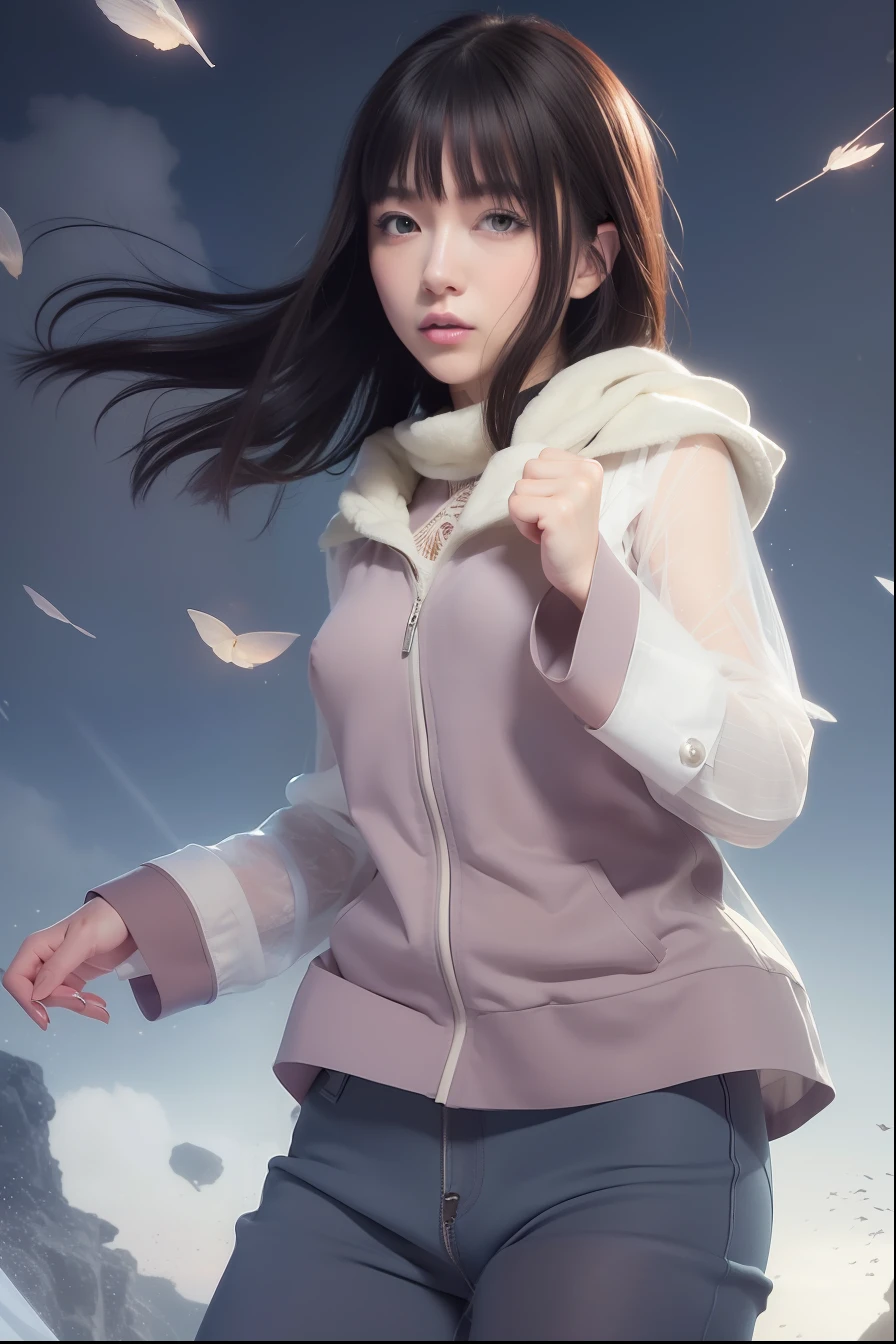 Masterpiece, highest quality, high resolution, interior, detail maniac, high definition, high quality, detailed face, detailed body limbs, detailed five fingers, 1girl, solo, Hinata Hinata, Hyuga sleeveless clothing, bed, purple shirt, fishnet garment, dark lips, unzipped jacket, no bra, tong, exposed breasts, blushing, white light stockings, transparent clothes, exposed pubic hair, camel fingers,