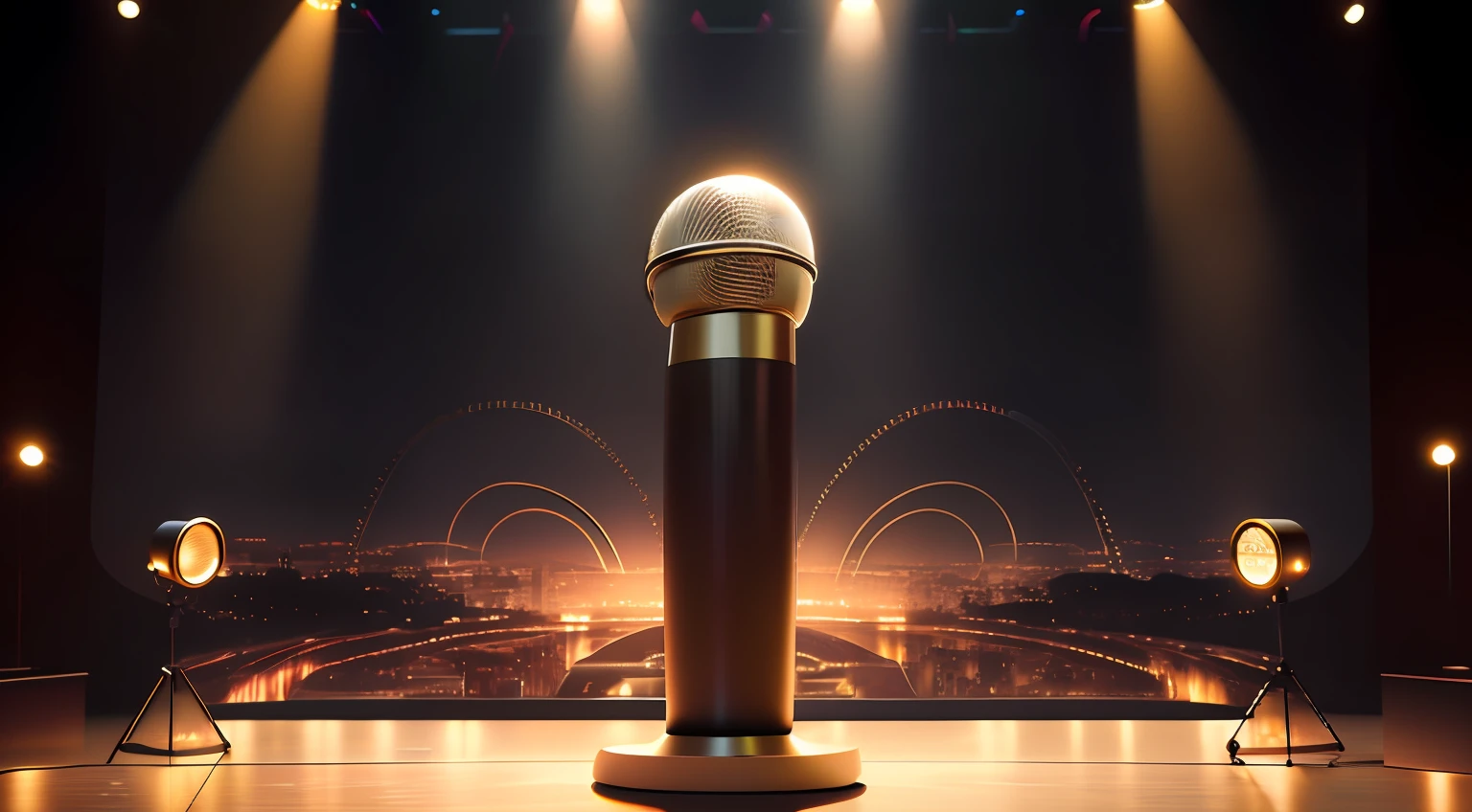 Arafeld microphone on stage，The background is lights and the city, award winning cgi, Award - Winning, Award-winning, Award-Awarded. rendering by octane, an award winning digital render, best on adobe stock, Highly detailed 4K award-winning, Highly detailed. realistic award, awe - inspiring award - winning, standing microphones