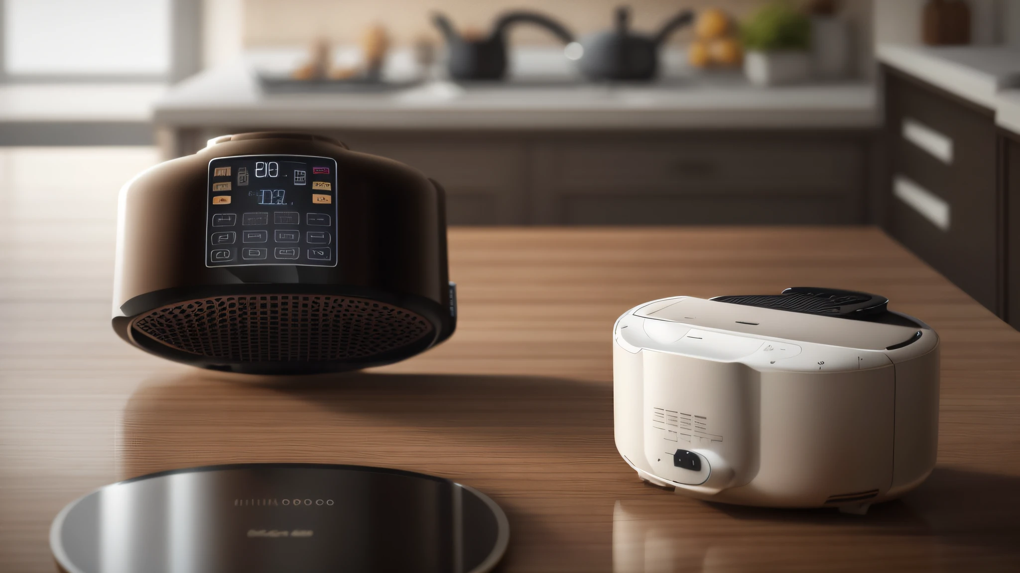 Air fryer placed on the table，Interior design of modern style, Realistic, Photorealistic, 8K, strong light on meeting table，Chiaroscuro, hyper HD, Best picture quality ,realisticlying，Foto realism，cupboard，Lens perspective blur，Bright lights，Realistic lighting