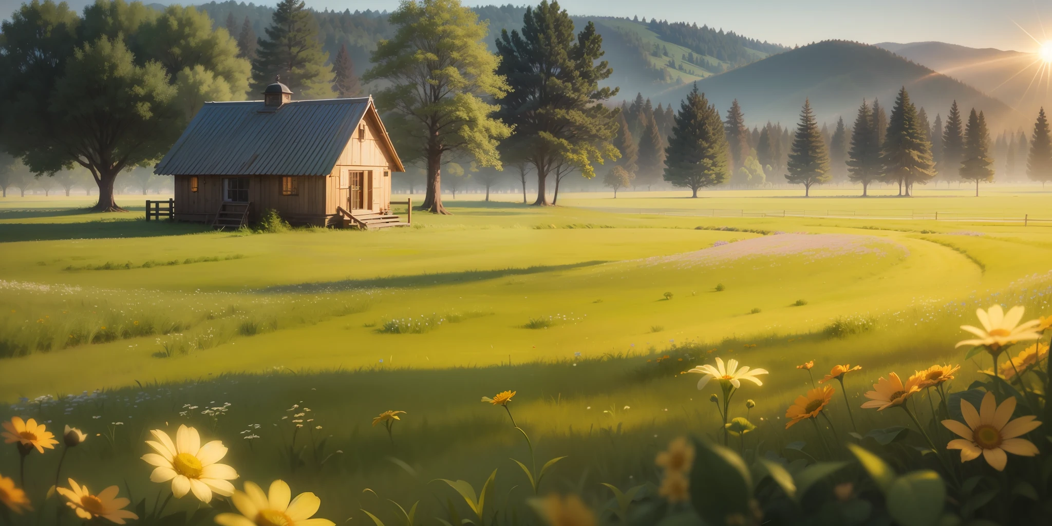 lamp, green meadow, sun 4k --auto --s2