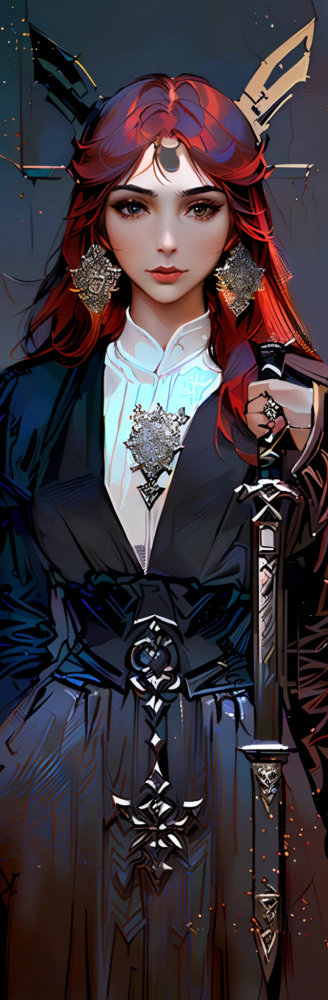A highly detailed one、Immaculate detail depicting woman,She held a sword in her hand,With a hat on,Inspired by Charlie Bovoort's style。Carrying a sword on her shoulder, she is a female red-haired Templar。This character art close-up presents the style of NeoArtcore and Charlie Bovoort,Incredibly clear details and very detailed and rich garments。