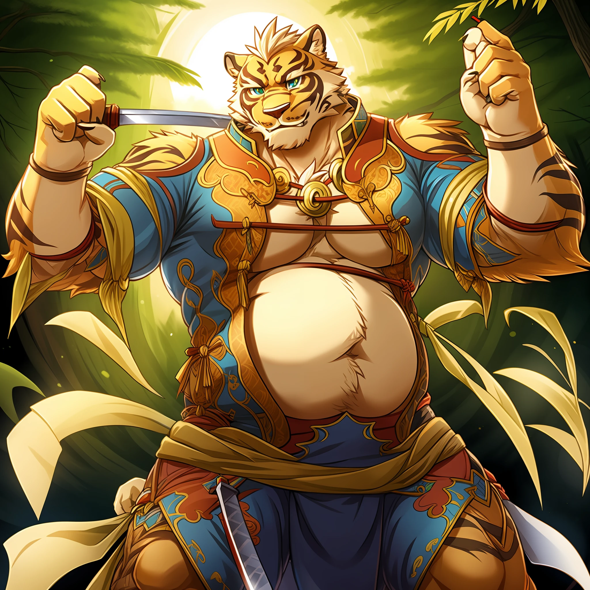 Lin Hu,musculature,tit,Fat Chubby,Wear a katana,potbelly,Plump and firm,Huge protrusions on the lower body,Wear a katana,Samurai style,carrying swords on his back,Five fingers,byself