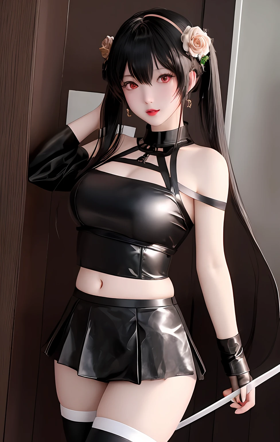 Sexy Japan woman in black leather dress with sword and rose petals, a short skirt、emerald eyes、blanche、High kick like a cheergirl、Beautiful facial features、Beautiful bust、Ultra mini skirt、I can see the white panties、beautiful thigh、poneyTail、Beautiful panties、Full panties、There are pure village frames like、Beautifully constricted waist、Beautiful panties、Beautiful belly button、 by Yang J, ig model | ArtGerm,Beautiful shorts、Beautiful Kasumi Arimura、White panty、 Trending on CGSTATION, beautiful alluring anime woman