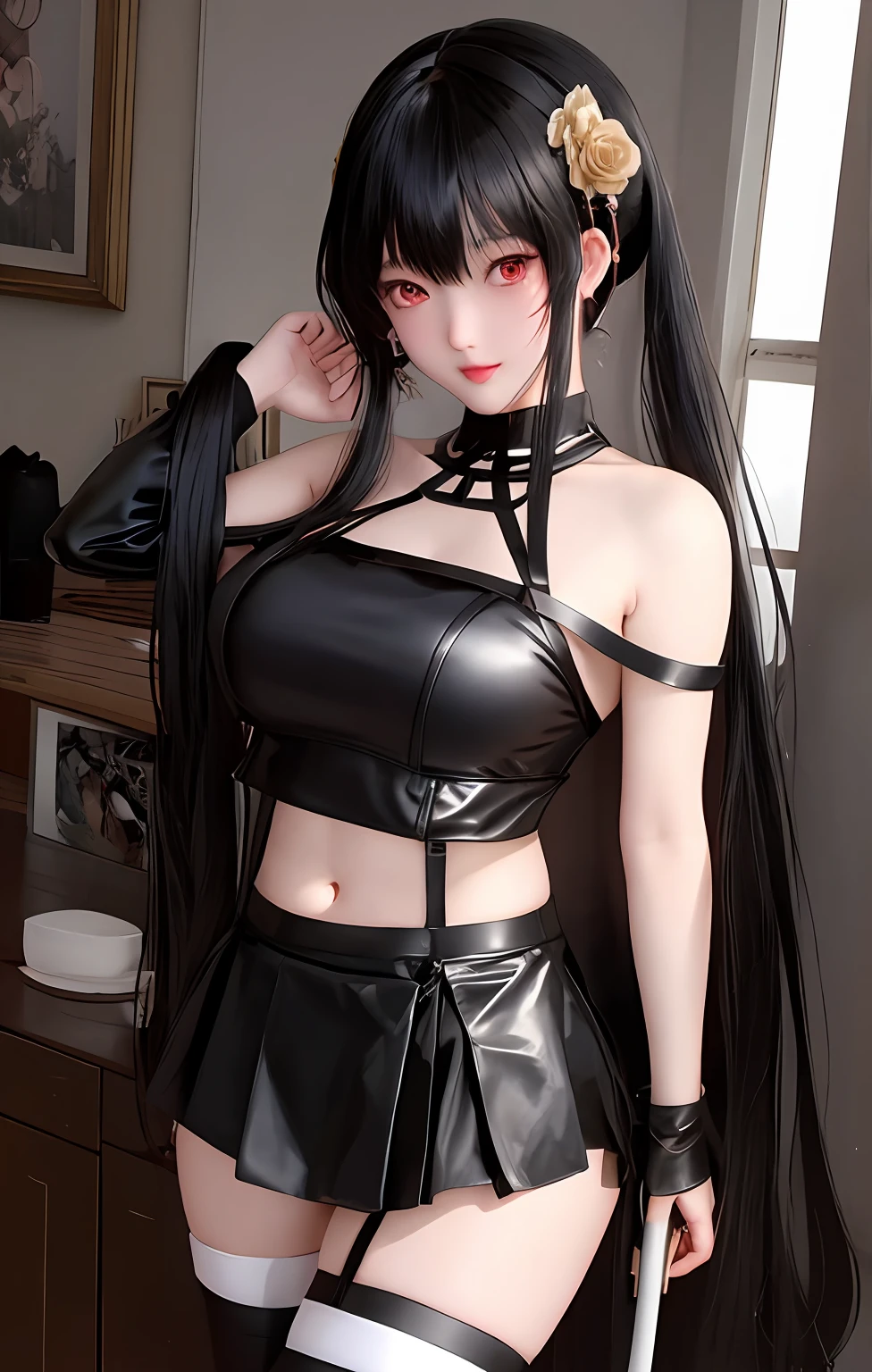 Sexy Japan woman in black leather dress with sword and rose petals, a short skirt、emerald eyes、blanche、High kick like a cheergirl、Beautiful facial features、Beautiful bust、Ultra mini skirt、I can see the white panties、beautiful thigh、poneyTail、Beautiful panties、Full panties、There are pure village frames like、Beautifully constricted waist、Beautiful panties、Beautiful belly button、 by Yang J, ig model | ArtGerm,Beautiful shorts、Beautiful Kasumi Arimura、White panty、 Trending on CGSTATION, beautiful alluring anime woman