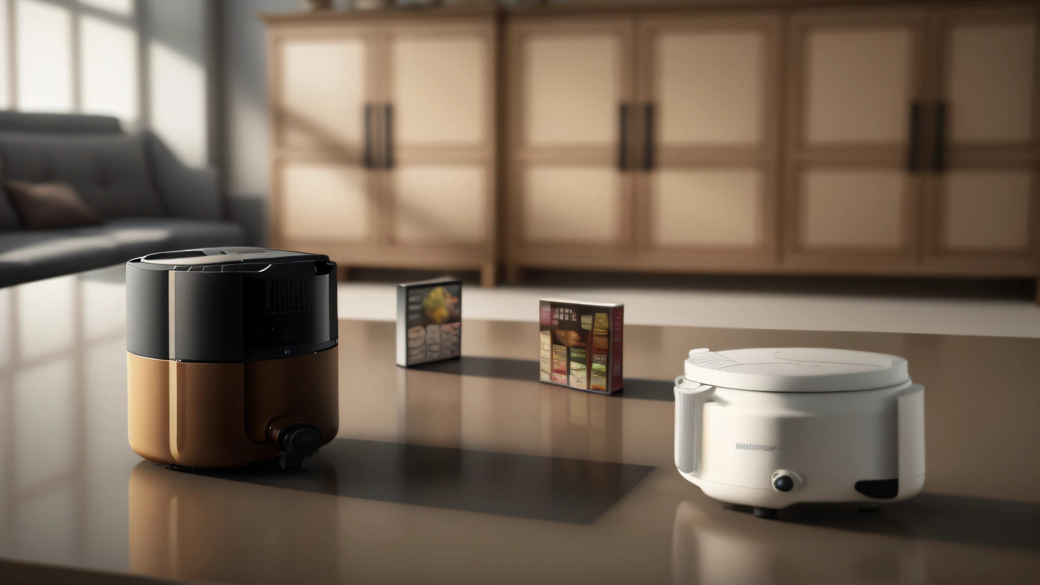 Air fryer placed on the table,Interior design of modern style, Realistic, Photorealistic, 8K, strong light on meeting table,Chiaroscuro, hyper HD, Best picture quality ,realisticlying,Foto realism,cupboard,Lens perspective blur,Bright lights,Realistic lighting