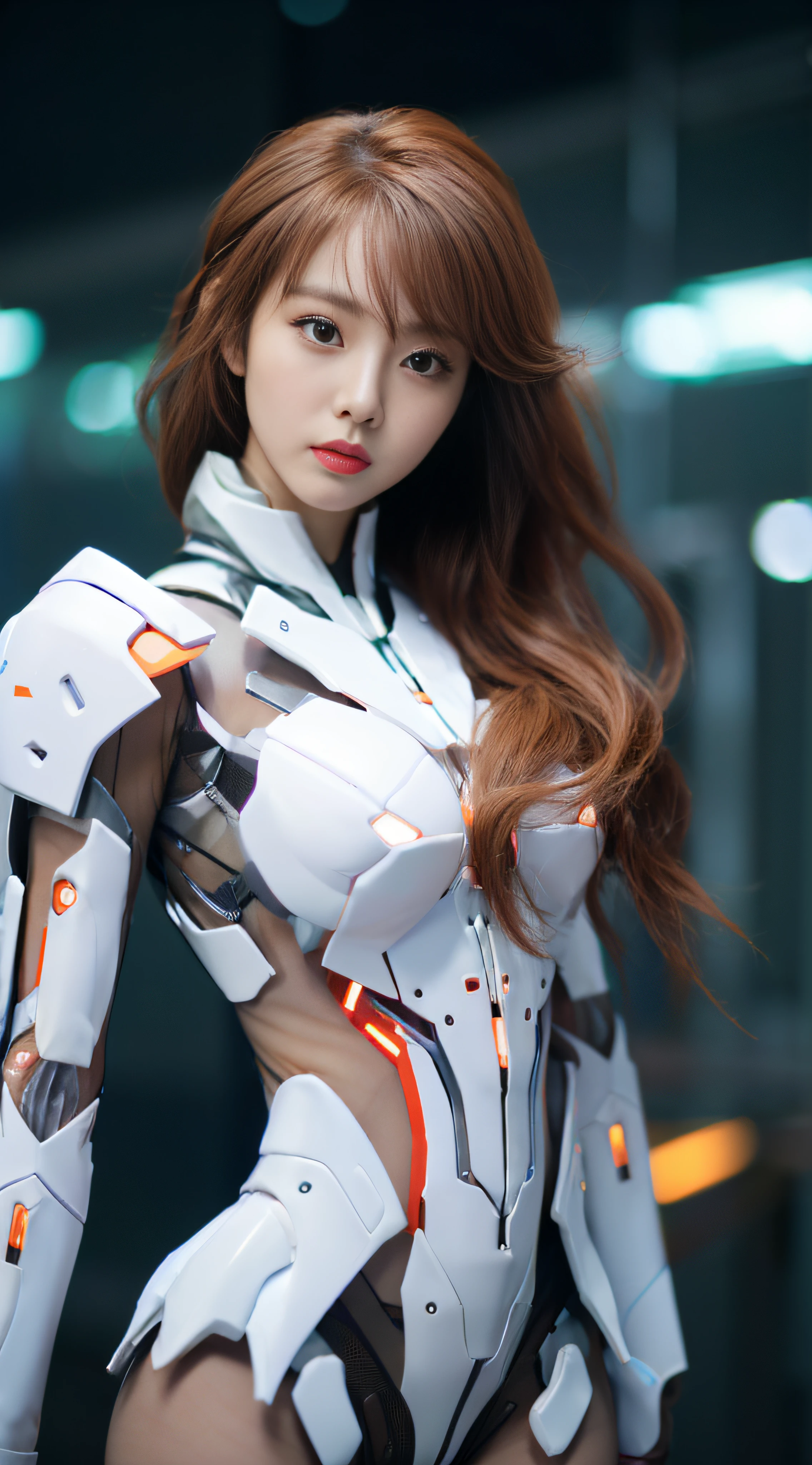 A beautiful Chinese actress, wearing a EVA 02-style White latex coat,Role playing Souryuu Asuka Lanley,full-body cosplay,Delicate Face, Stunningly Beautiful, Combat Pose,High Detail Skin, Realistic Skin Detail, Visible Pore,The photograph is taken with a Nikon D850 and a Nikon AF-S NIKKOR 70-200mm f/2.8E FL ED VR lens, using settings of f/8.0 aperture, 1/200 sec shutter speed, and ISO 400, DSLR Camera, High Quality, Fair Skin, Photorealism,