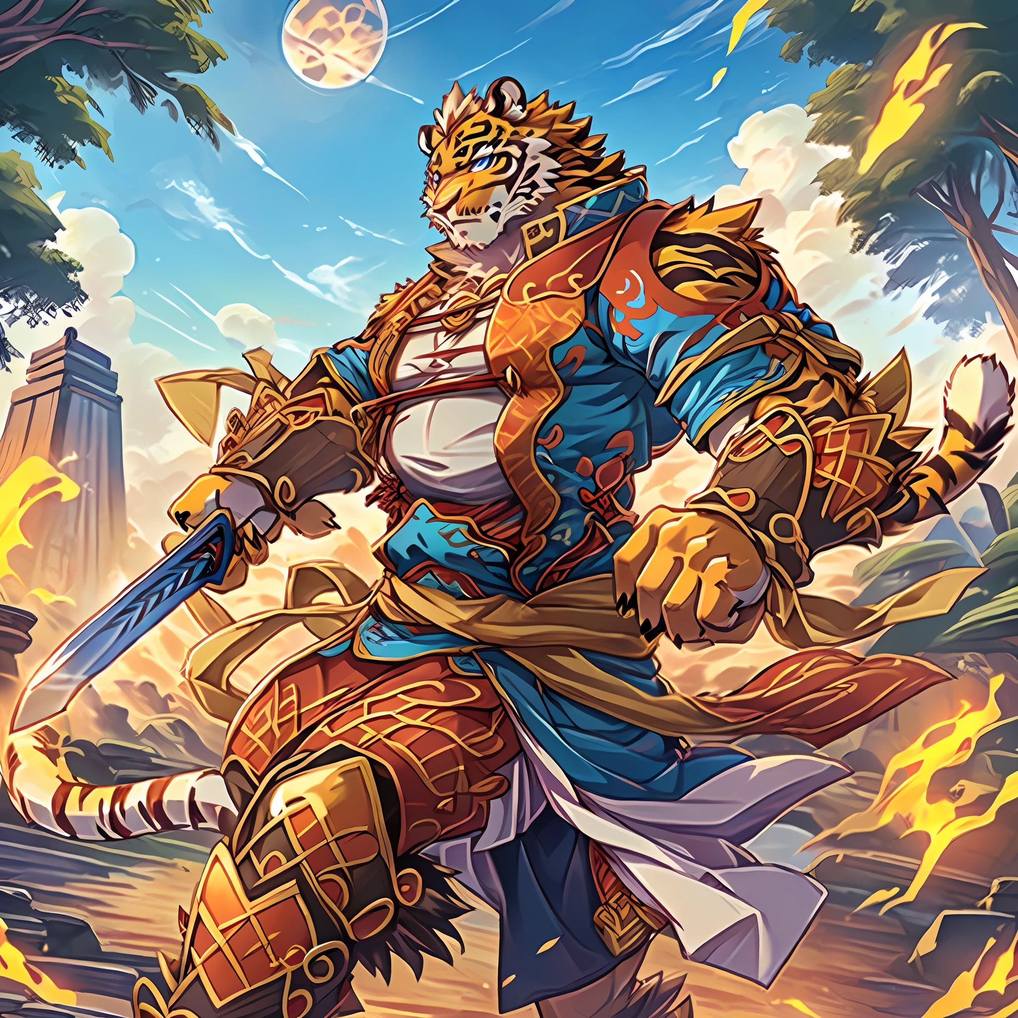 There is a cartoon picture of a tiger with a sword, Anthropomorphic tiger, anthropomorphic samurai bear, Tiger_beast, sacred tiger, commission for high resolution, epic full color illustration, full art illustration, official character illustration, son goku, Akira in Chinese mythology, wearing golden cat armor, naranbaatar ganbold,With a katana,Fat Chubby,potbelly