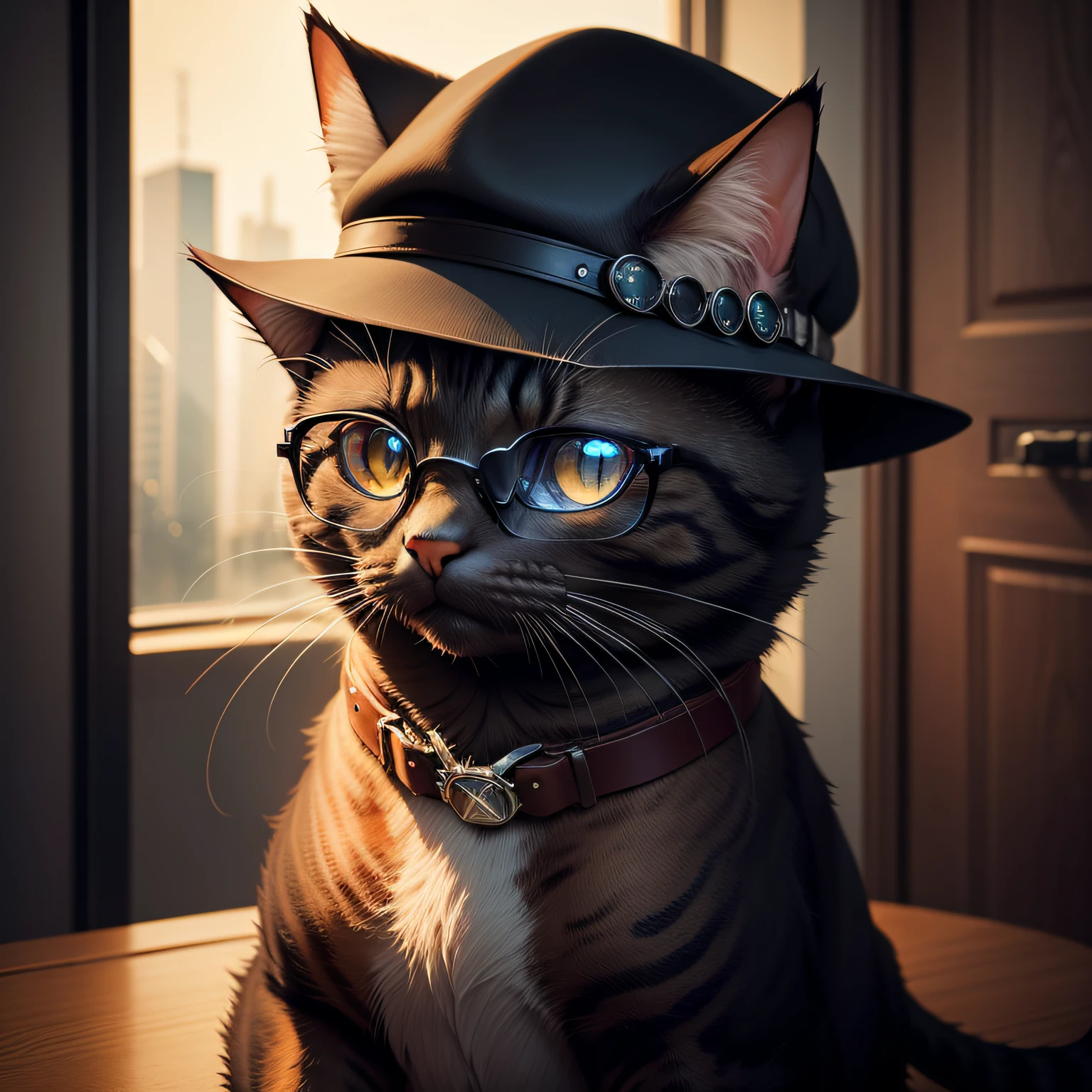 gato misterioso, Hat cat, gato misterioso, melancholic background, gato cyberpunk, spectacled cat, wise cat, sabedoria