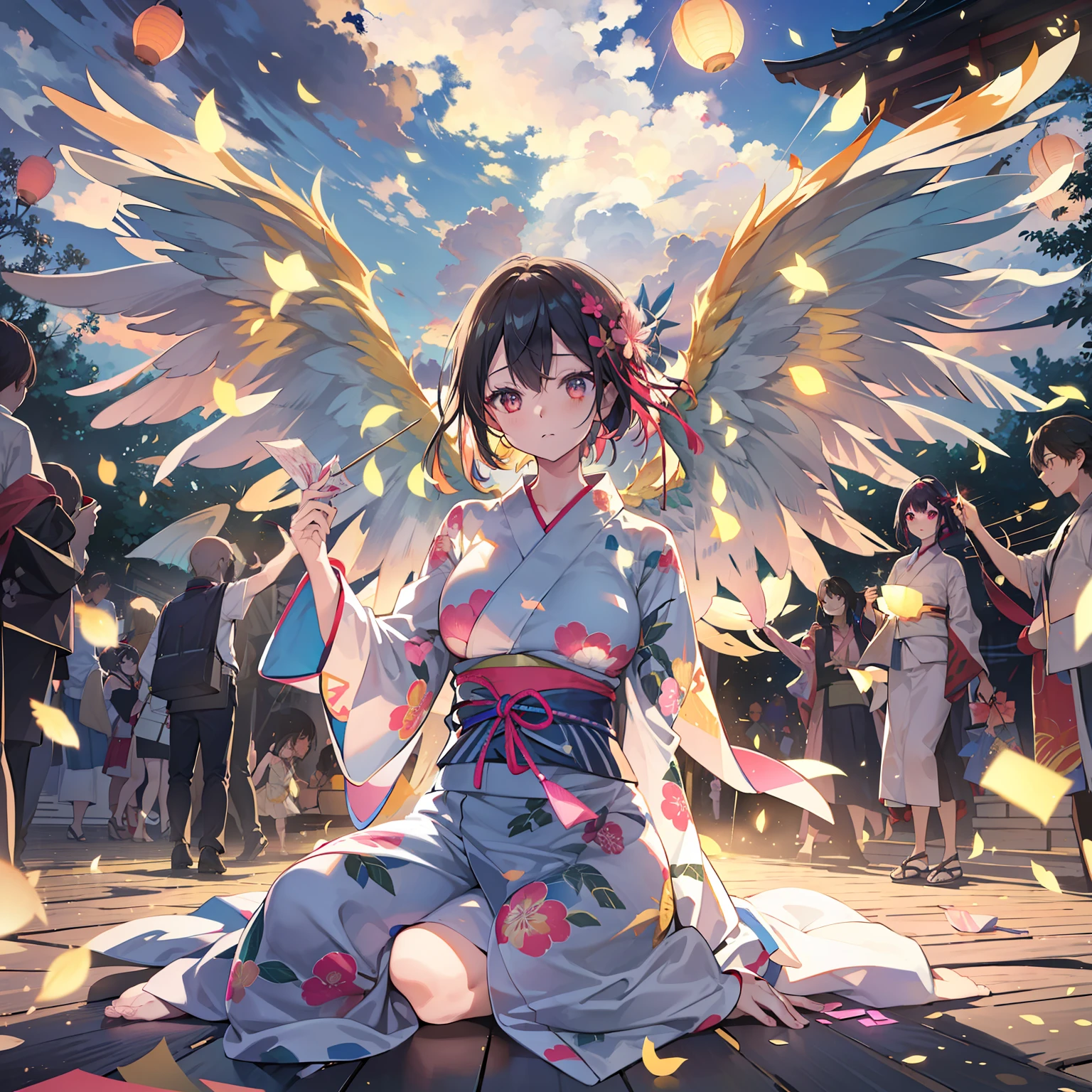 sparklers、Fulll body Shot、the setting sun、((Summer Festivals))、Wearing yukata、(paper lanterns)、(((Shine one very large wing)))、Eye of Desire、hiquality、high-level image quality、Particles of light floating in the sky、ultra-detailliert, Beautifully Aesthetic, masterpiece, top-quality, vivd colour, wings are symmetrical