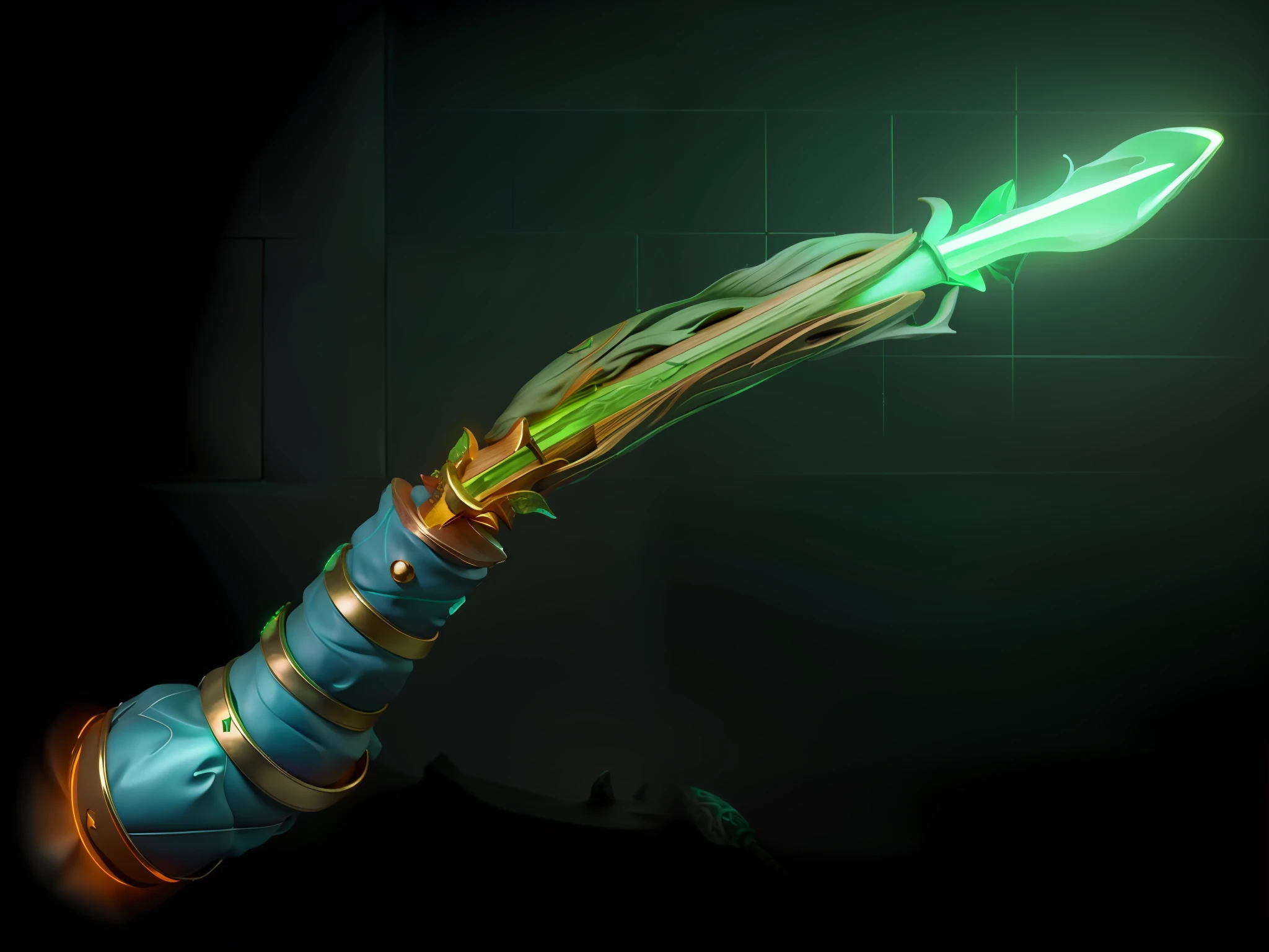 have a magic wand,The top of the wand glows green, wizard magic staff, magic wooden staff, magic staff, Dragon staff, holding a magical staff