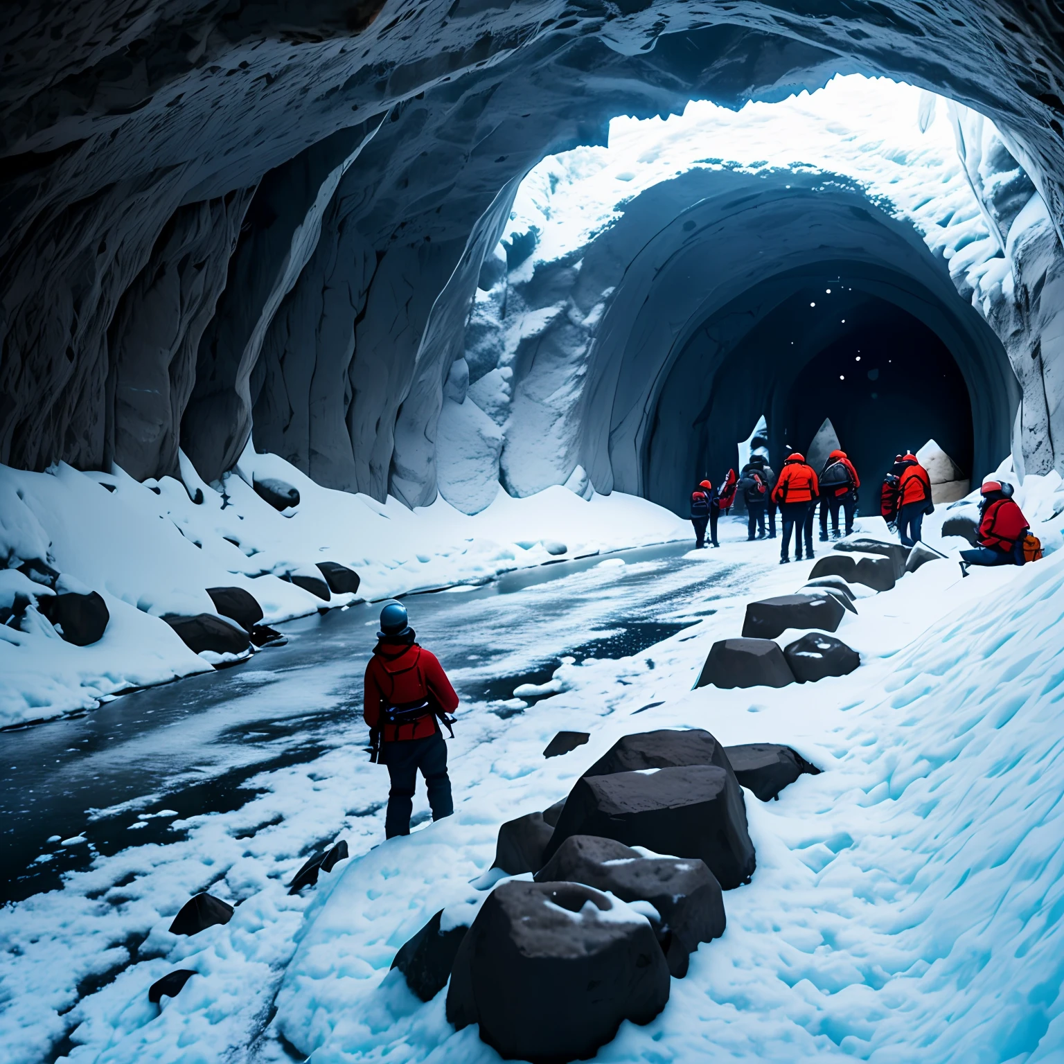 Grupo de exploradores perdidos dentro cavernas feitas de gelo e neve, no meio de um ambiente gelado, dark ambient, cinematography, hiper realista, assustador