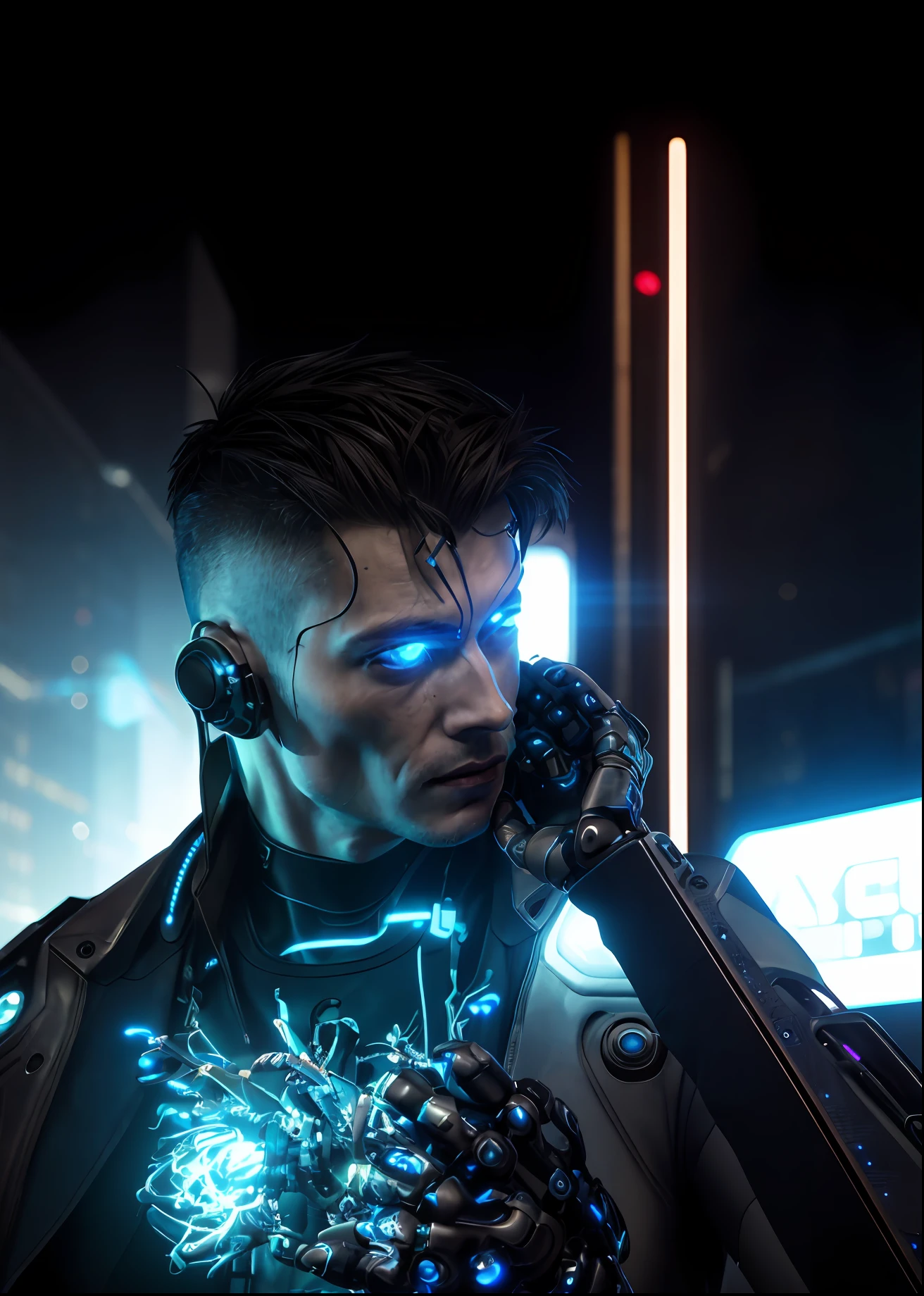 Hyper-realistic close up portrait of a (cyberpunk man), ((male)), (bronze) skin, detailed (one striking blue human eye and one cybernetic glowing eye), rugged, adaptive, (half human face, half cybernetic enhancements seamlessly integrated), (futuristic neon-lit cityscape reflecting in the cybernetic eye), with a detailed enigmatic face, full body, (fashionable and functional cyberpunk attire), regal, elegant, realistic, hyper realistic, highly detailed, depth of field, Detailed and Intricate, Photo, HD, Cinematic, Dynamic Lighting, (bokeh), ((beautiful)), lens flare, (god rays:1.1), (cinema effect), gradient colour progression, cinematic film grain, (subsurface scattering)
,((detailed face and eyes)), (detailed iris:1.3)