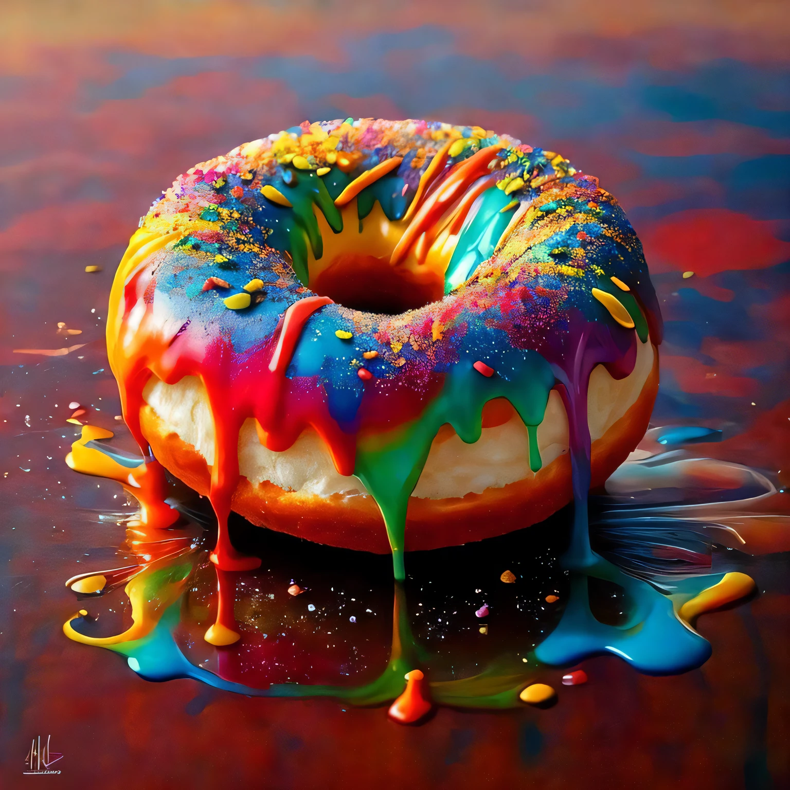 a sprinkled donut sitting on top of a table, hyper realistic digital painting, colorful hyperrealism, amazing food illustration, blender donut, amazing food photography, hyper realistic oil painting, hyper realistic color photo, ultrarealistic oil painting, realistic colorful photography, hyper - realistic oil painting, hyper-realistic oil painting, beautiful 3d render, hyperrealistic digital painting