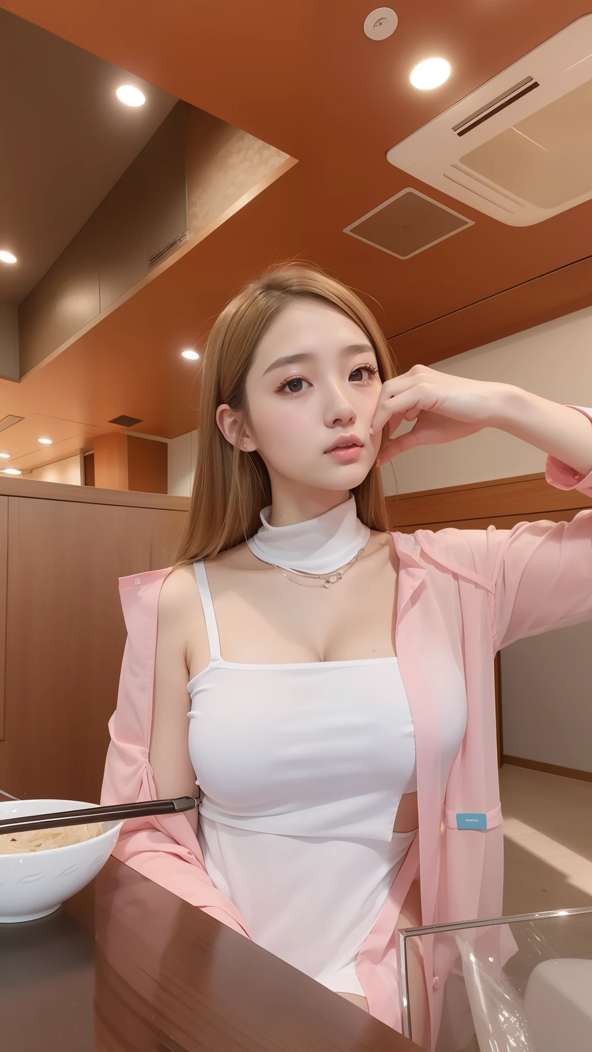 Korean high school girl, 17 years old, beauty, sheer, bra is transparent, shirt is transparent, neat face, brown hair, school uniform, big, tearing breasts, patchy eyes, cute face, moles under eyes, school uniform, k-pop idol, solo, alone, blonde, brown and blonde mesh, sexy face, huge, emphasis breasts, full body, one, solo, blonde, protruding breasts, one, large breasts, Shirt to cleavage, cleavage, solo, solo shot, blonde, light hair color, one student