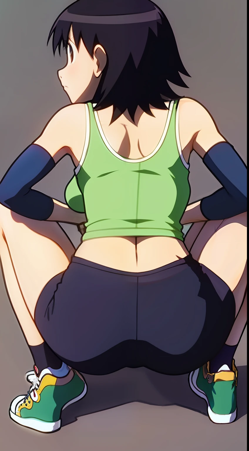 Tomo Takino, Azumanga daioh, black hair, messy hair, tank top, biker shorts, black socks, shoes, breasts, Wallpaper, Close-Up, back of view
