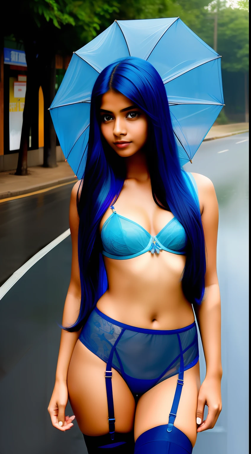 (best quality, masterpiece: 1.3), 1 Indian girl, umbrella holding, large and transparent umbrella, looking at the viewer, blue hair, facing the photo, Indian street road long hair, garter belt on one leg, knee pad on the other leg, perfect hand, delicate, face focus