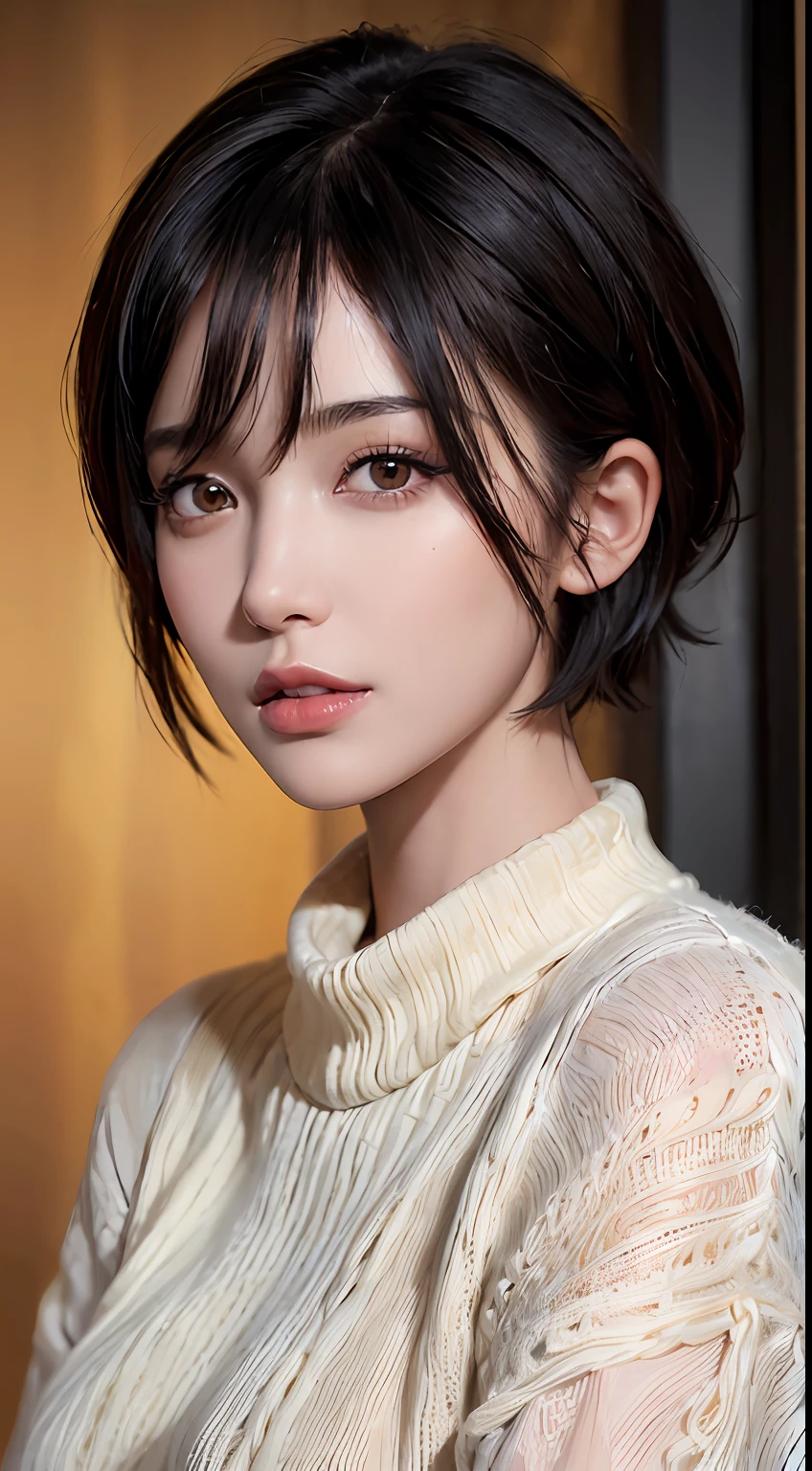 (masterpiece:1.3), (8k, photorealistic, RAW photo, best quality: 1.4), (1girl), beautiful face, (realistic face), (black hair, short hair:1.3), beautiful hairstyle, realistic eyes, beautiful detailed eyes, (realistic skin), beautiful skin, (sweater), absurdres, attractive, ultra high res, ultra realistic, highly detailed, golden ratio