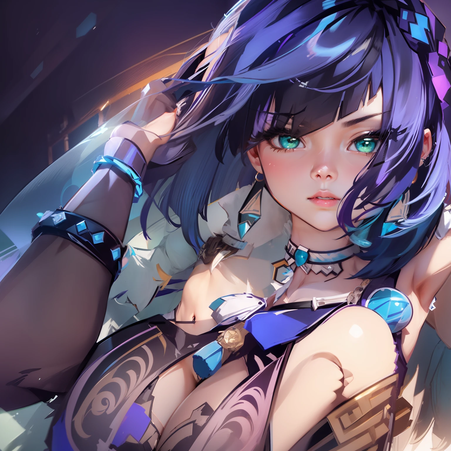 1girl, absurdres, armpits, arms up, bare shoulders, black pants, blue hair, bracelet, breasts, cleavage, commentary request, cowboy shot, earrings, fur-trimmed jacket, fur trim, genshin impact, green eyes, highres, jacket, jewelry, large breasts, leggings, pants, purple lips, short hair, sleeveless, solo, standing, thighs, white jacket, yelan (genshin impact), ymmy203203">