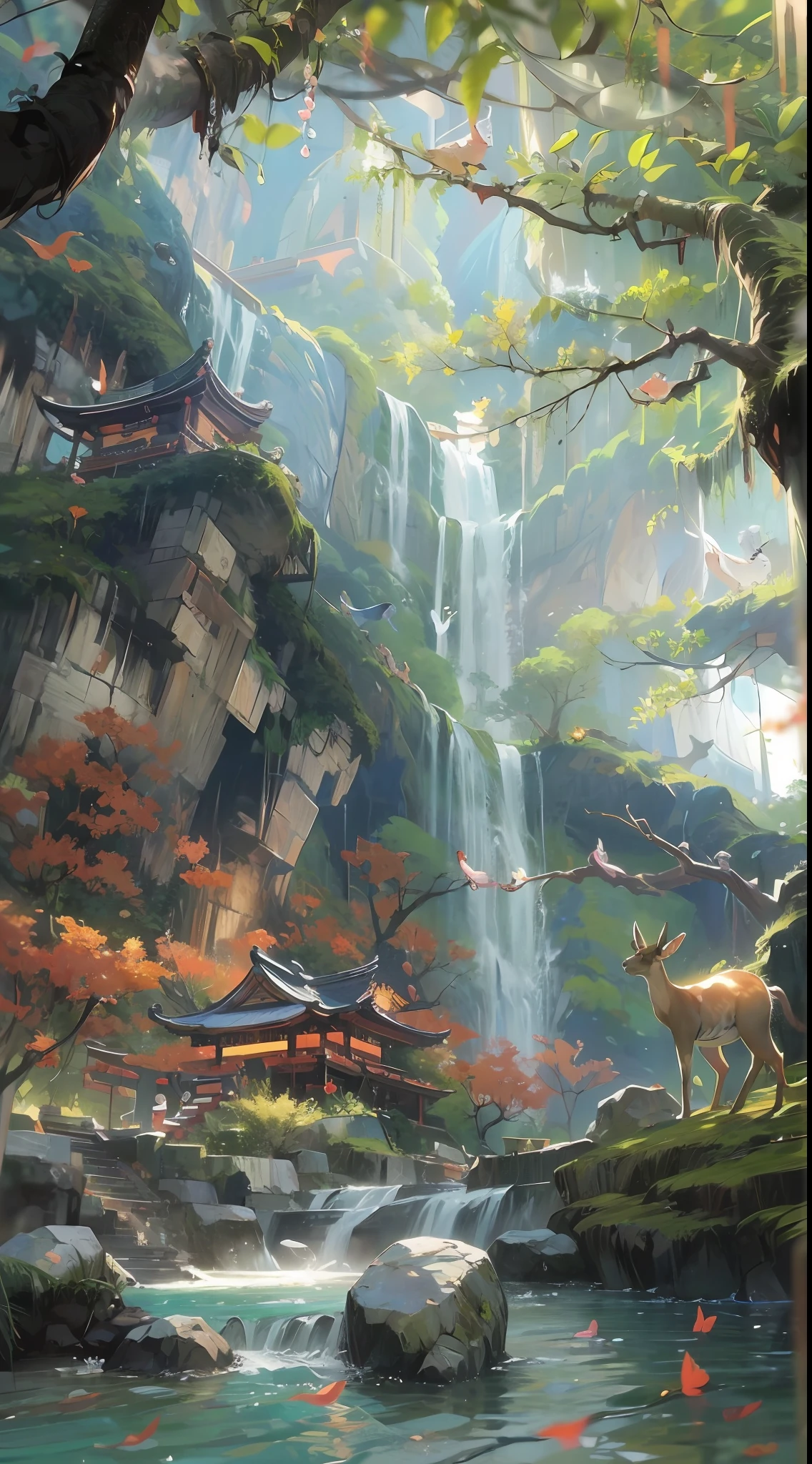 "Chinese antiquity，springtime，jungles，lakes，hole in the mountains，waterfallr，The tree，grassy fields，Rochas，fawn，hot onsen，hydrosphere，illustratio:1.0，Epic composition，Realistic lighting，high definition detail，tmasterpiece，Best quality，The is very detailed的 CG unified 8k 壁纸。"