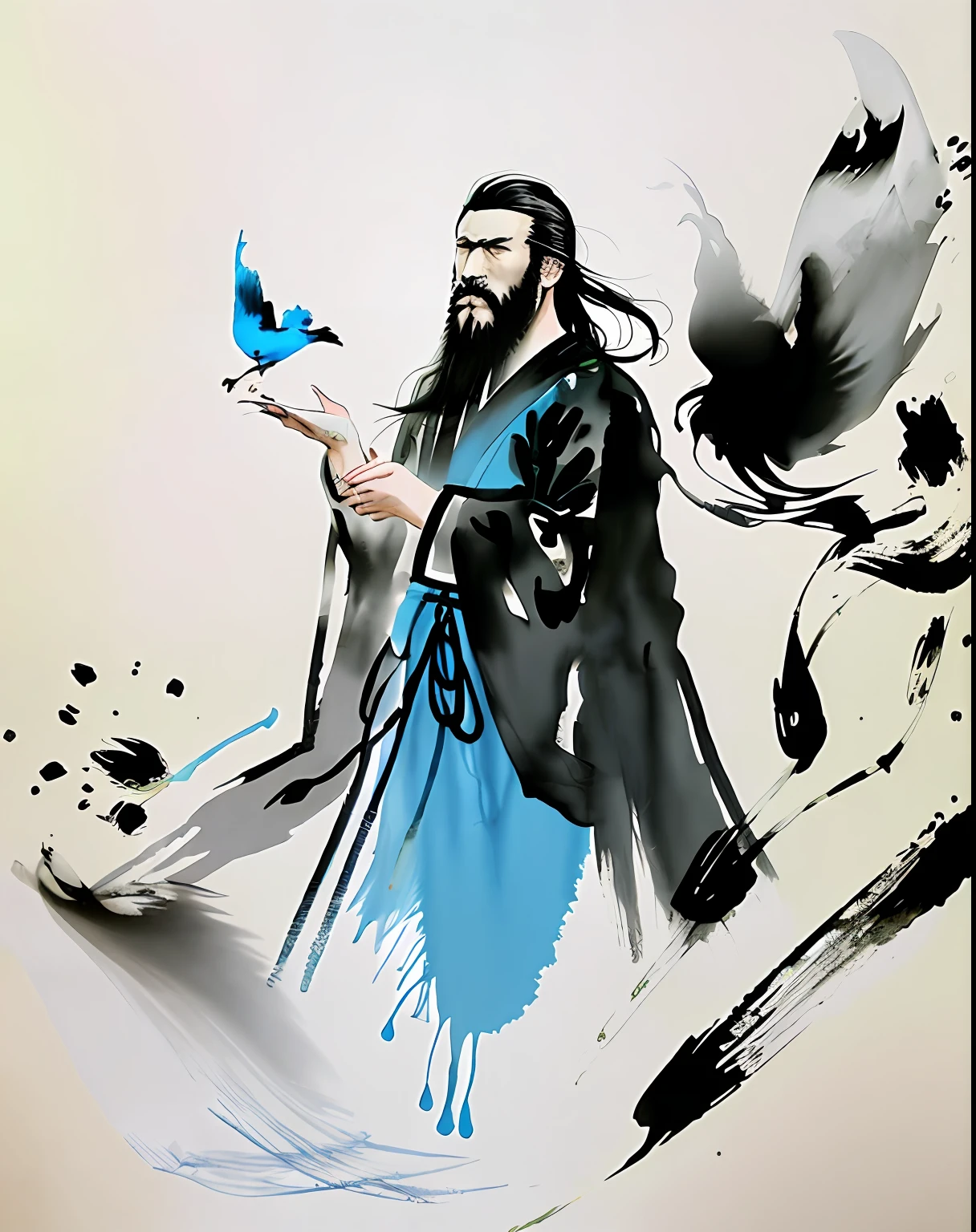zydink, Mono Color, Ink sketch, 1boy, Asian people (Homem de meia idade), (Long beard, sbeard), Combat posture, looking at viewert, long whitr hair, Floating hair, Hanfu, Chinese clothes, longer sleeves, (abstract ink splash:1.2), Ziddink on white background,Ink sketch,(best qualtiy,tmasterpiece:1.3),1boys, silber hair,Bright pupils,short detailed hair,Hair combed back,floated hair,Black robes,face expressionless, (abstract ink splash:1.2) ,He holds a glowing blue bird in one hand,He looked up at the sky,Flames surrounded his body,